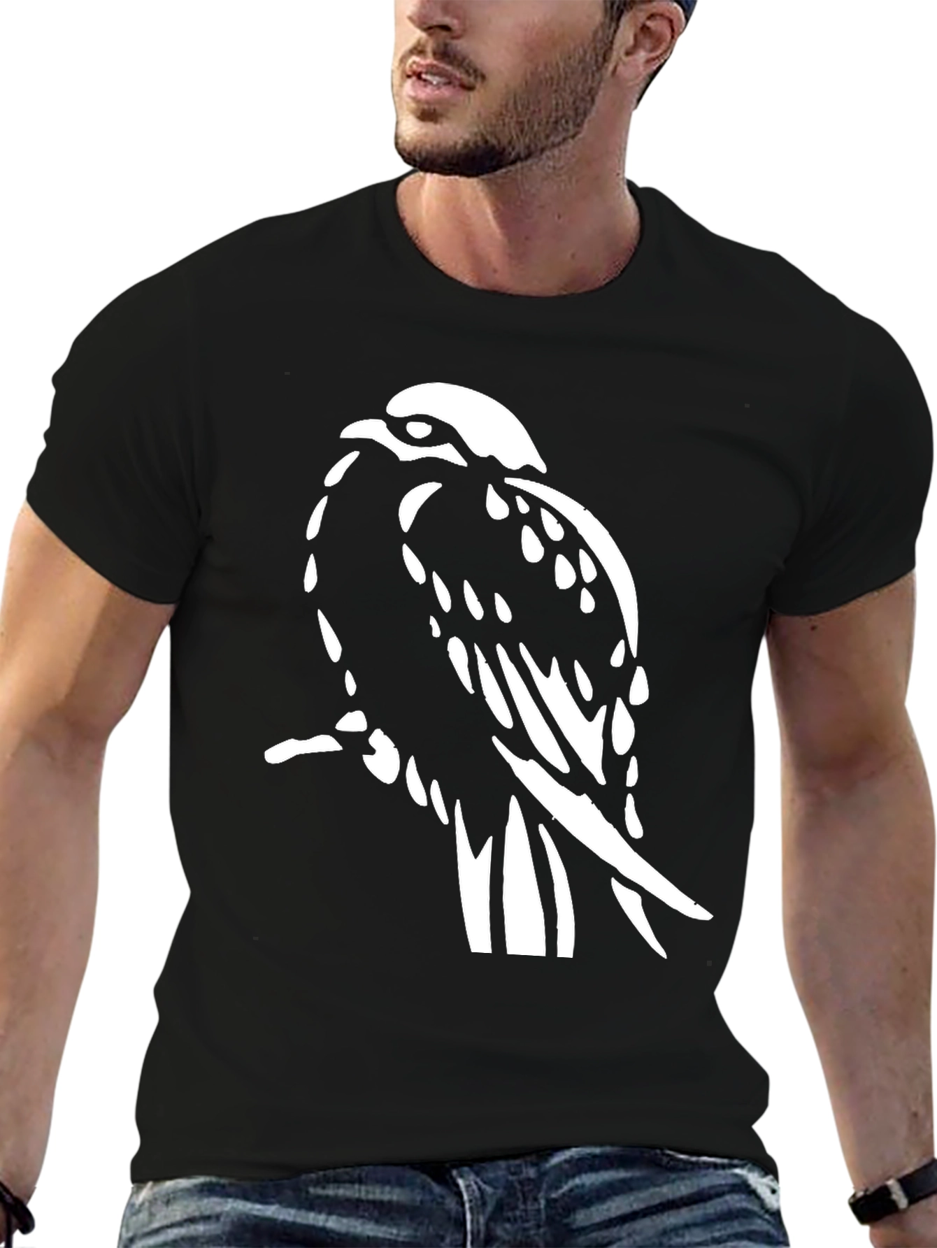 Black T-Shirt with White Hawk Graphic