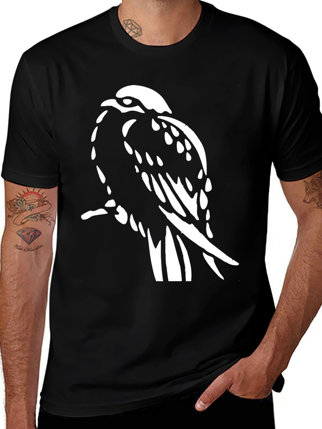 Black T-Shirt with White Hawk Graphic