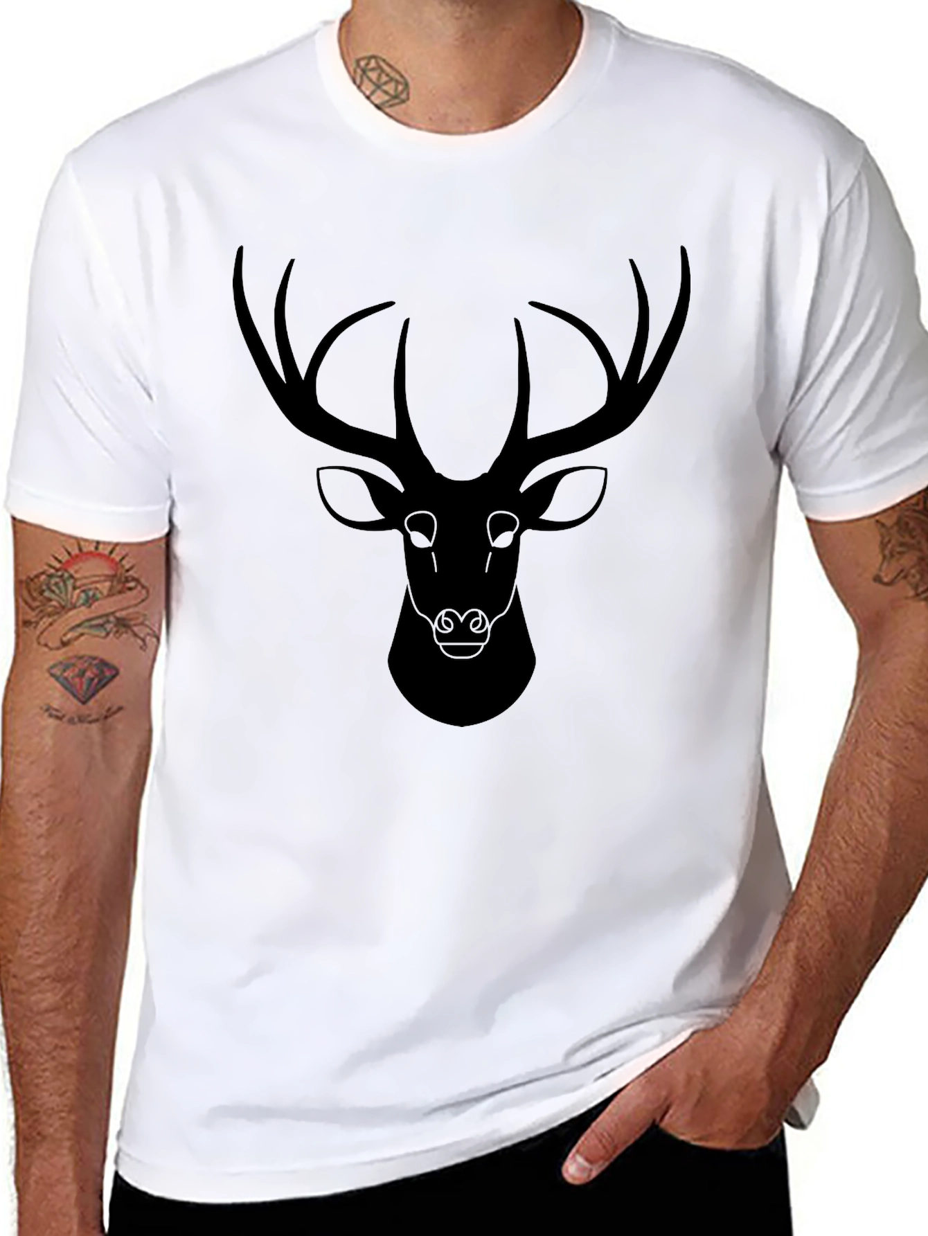 Mens Black T-Shirt with Deer Graphic