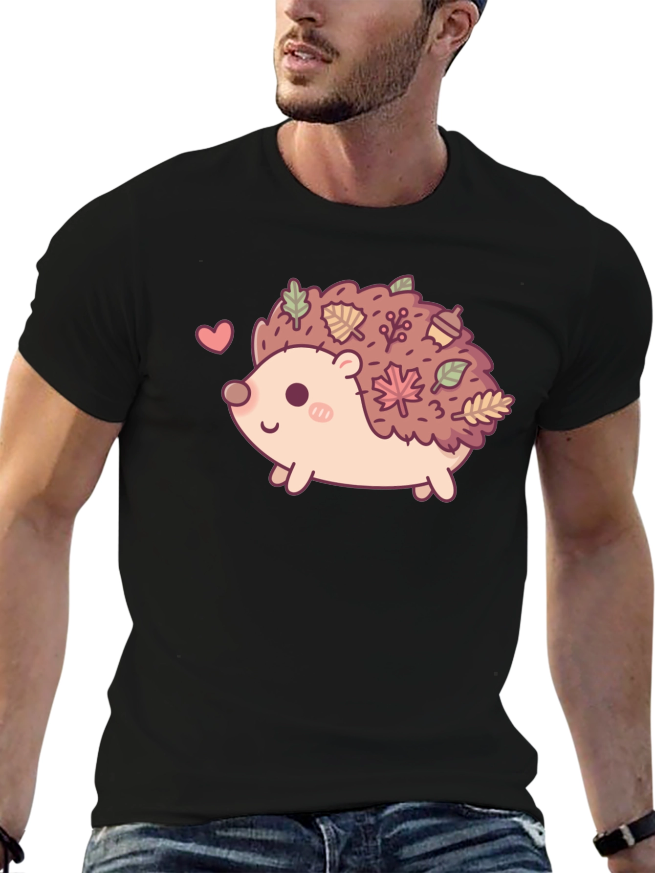 Cute Hedgehog Leaves Graphic Tee - Black