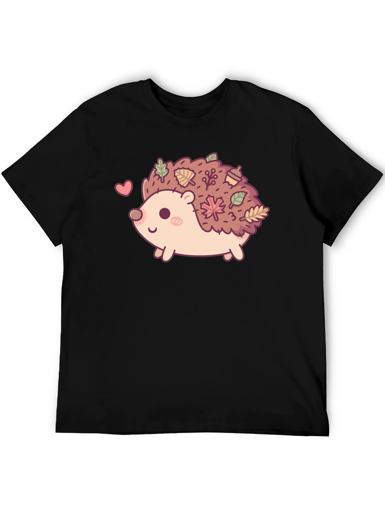 Cute Hedgehog Leaves Graphic Tee - Black