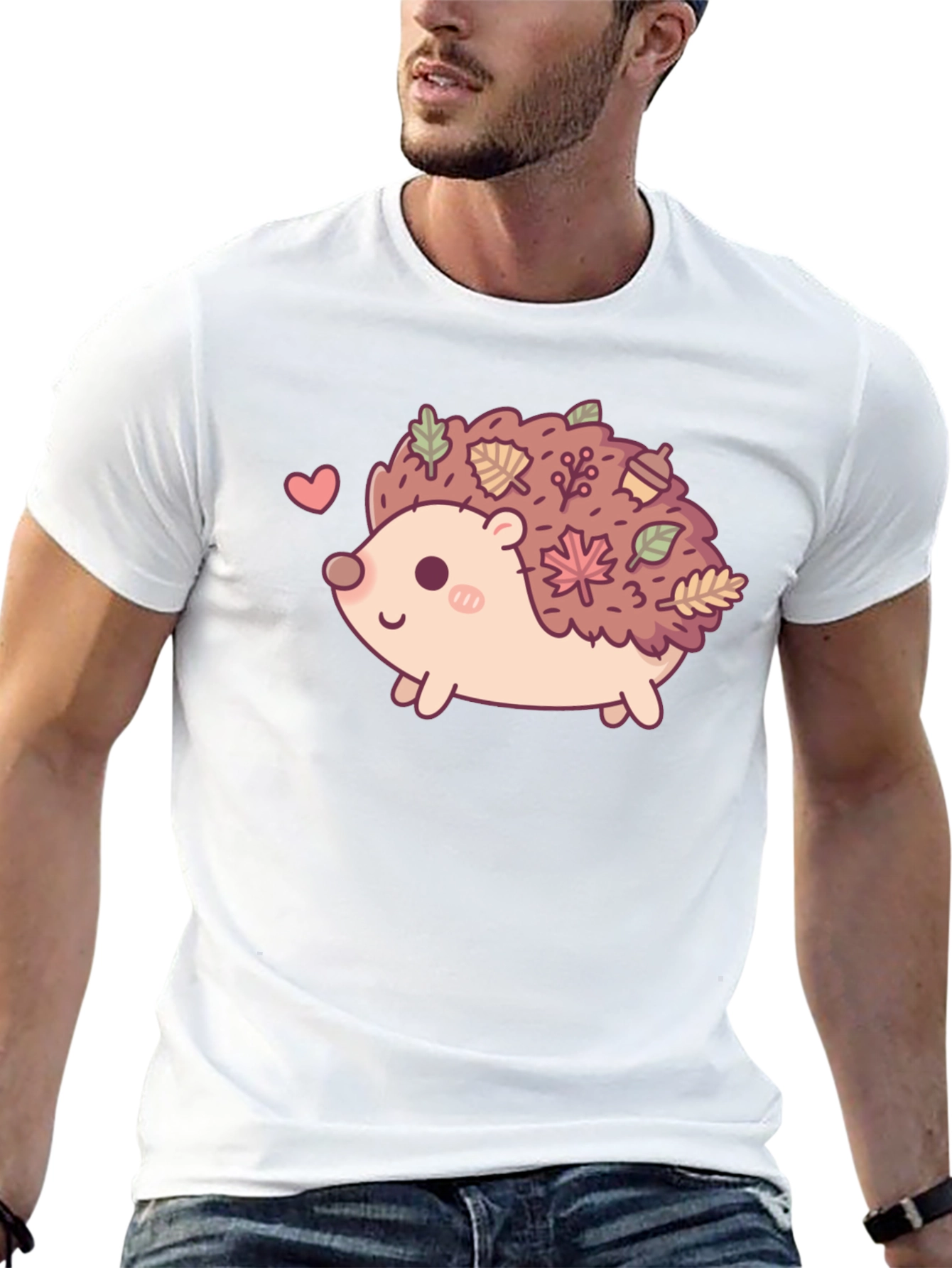 Cute Hedgehog Leaves Graphic Tee - Black