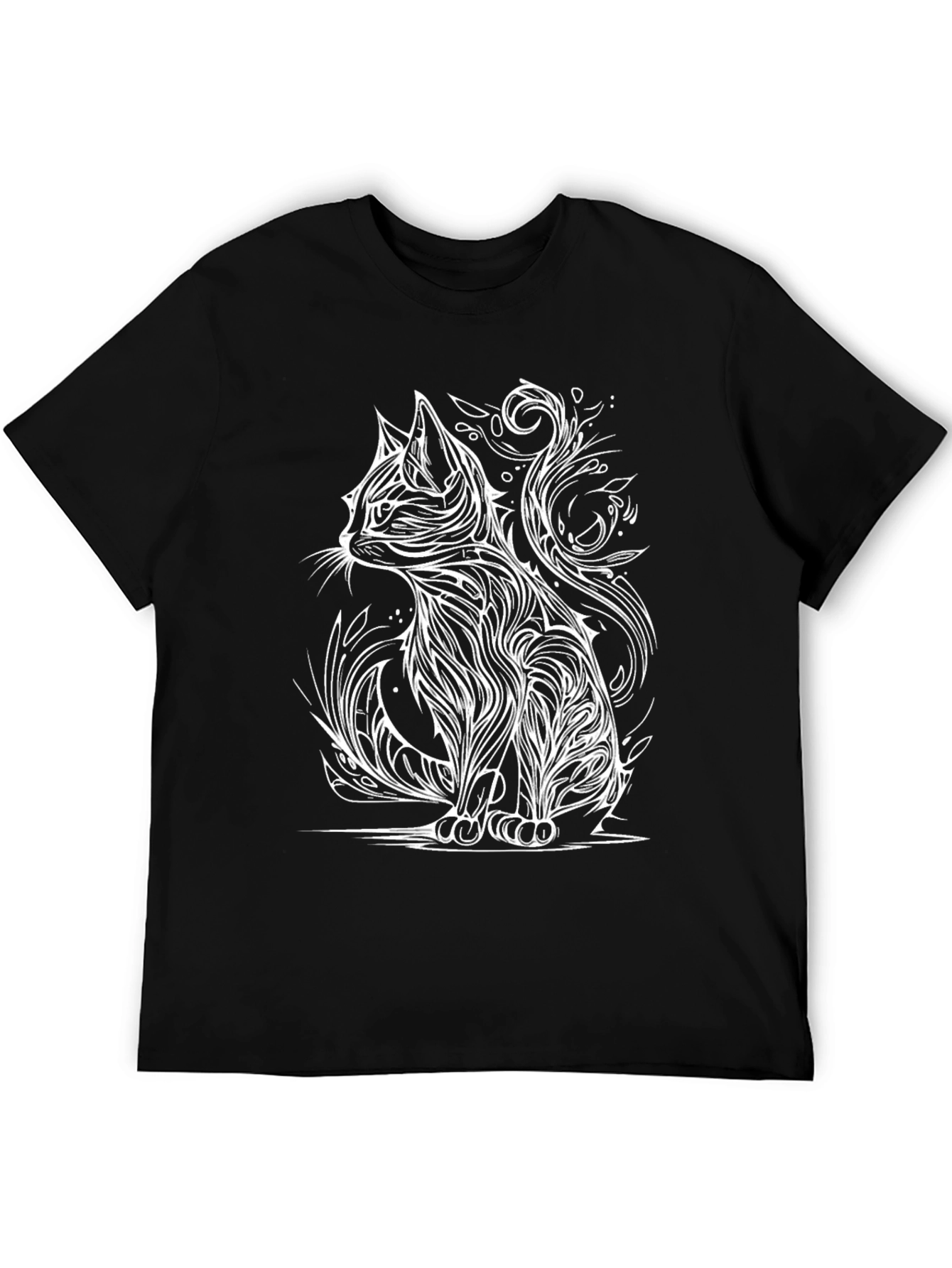 Stylized Cat Graphic Tee - Black