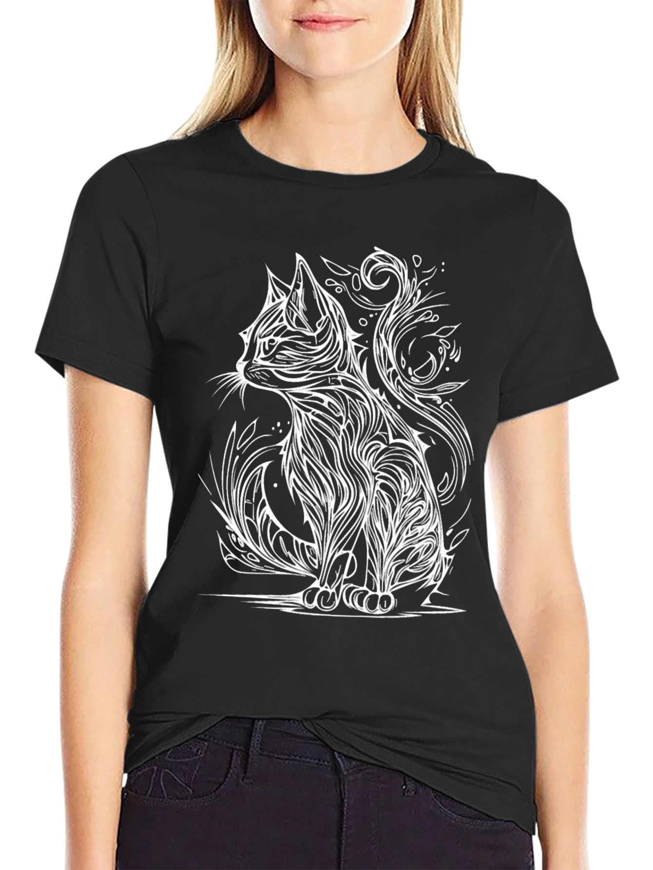 Stylized Cat Graphic Tee - Black