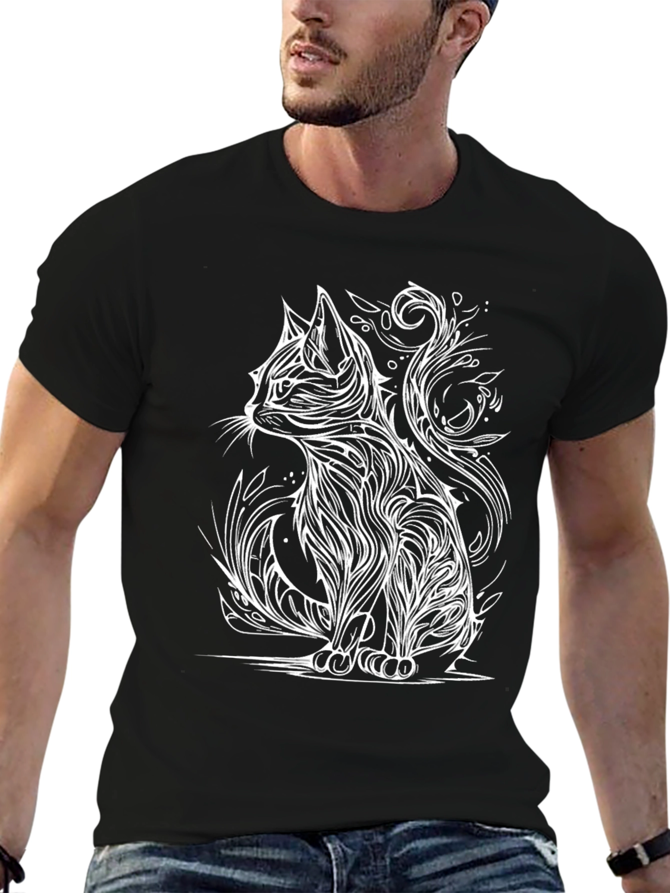 Stylized Cat Graphic Tee - Black