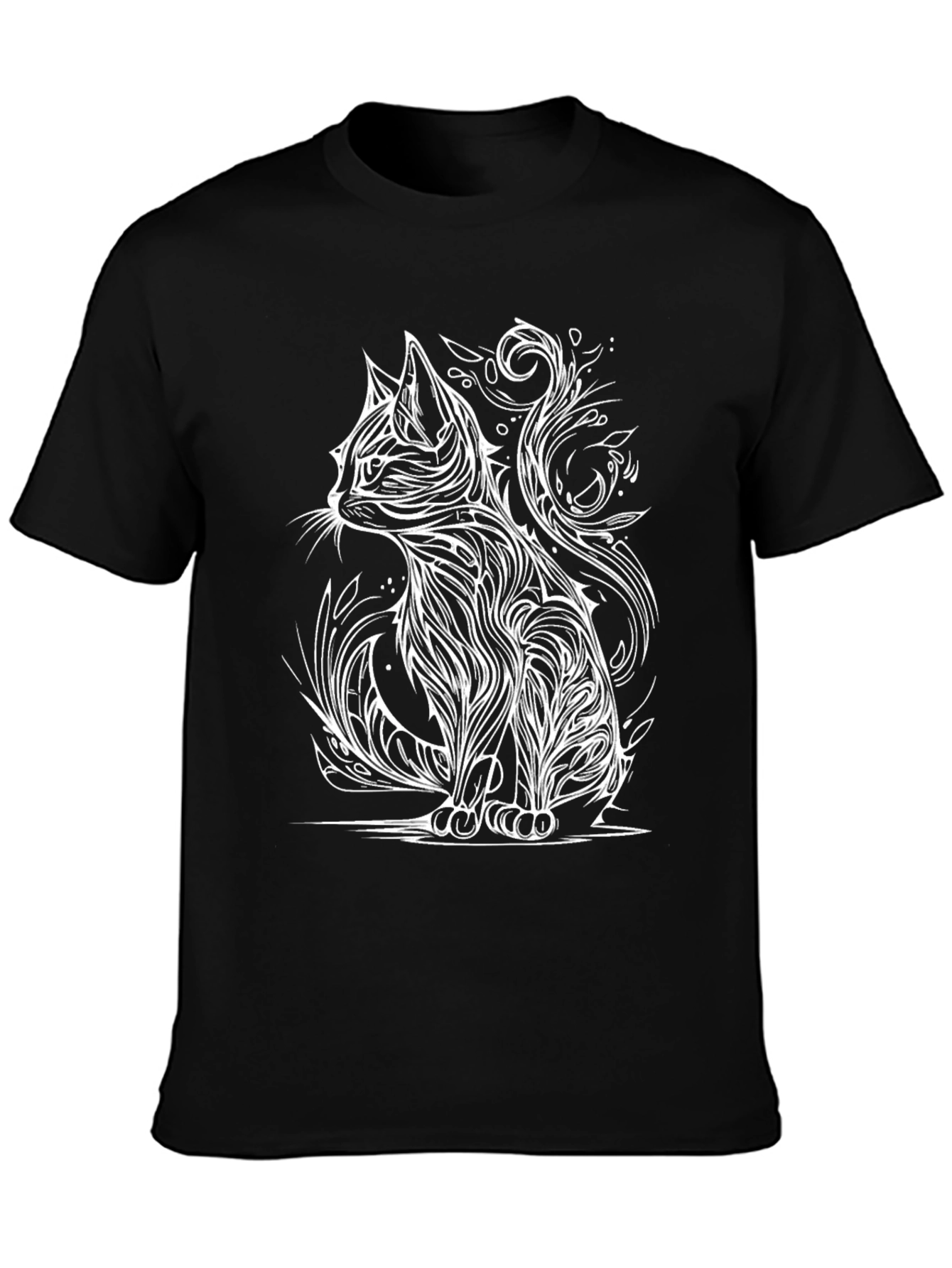 Stylized Cat Graphic Tee - Black