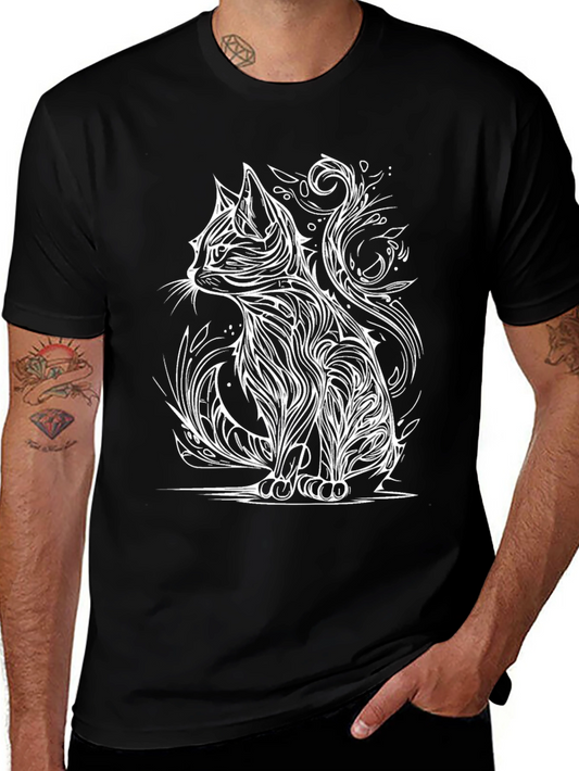 Stylized Cat Graphic Tee - Black