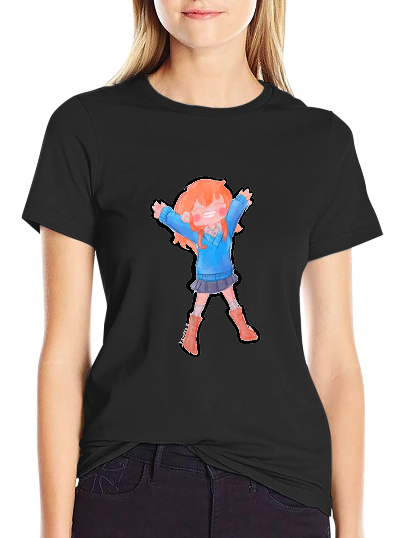 Cartoon Girl Graphic Black T-Shirt
