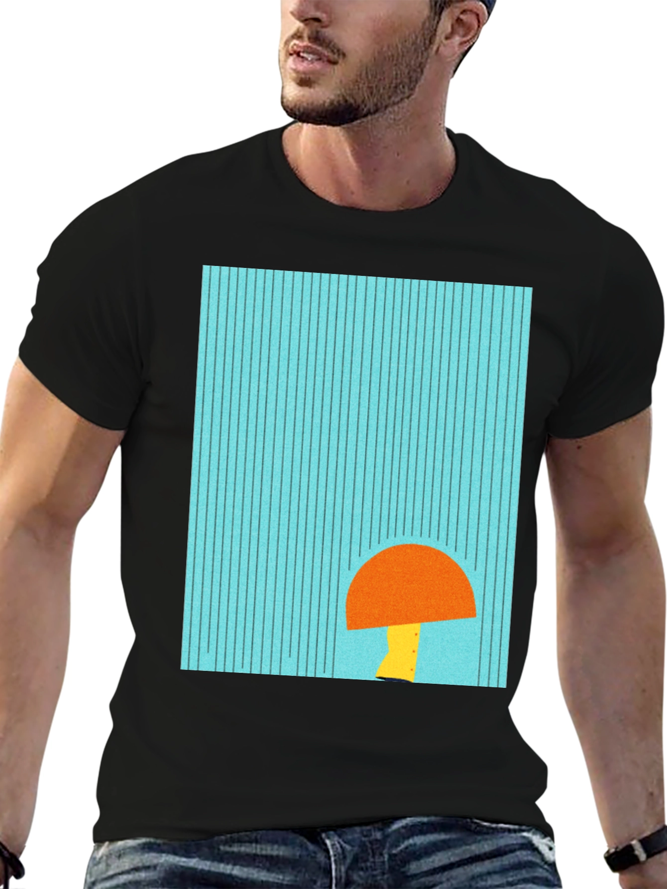 Modern Geometric Mushroom Graphic Tee - Black
