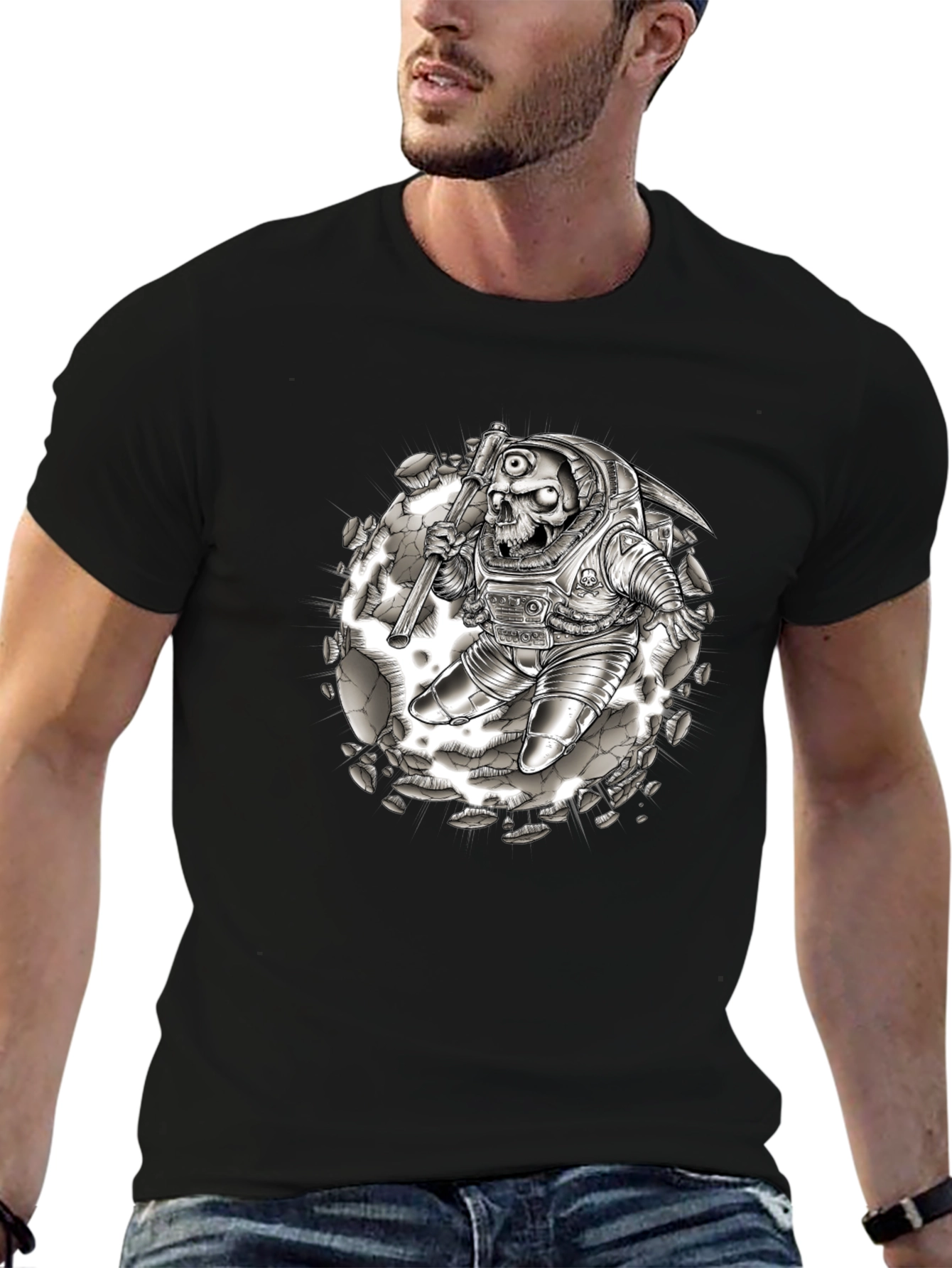 Skull Astronaut Graphic Tee - Black Cotton Shirt