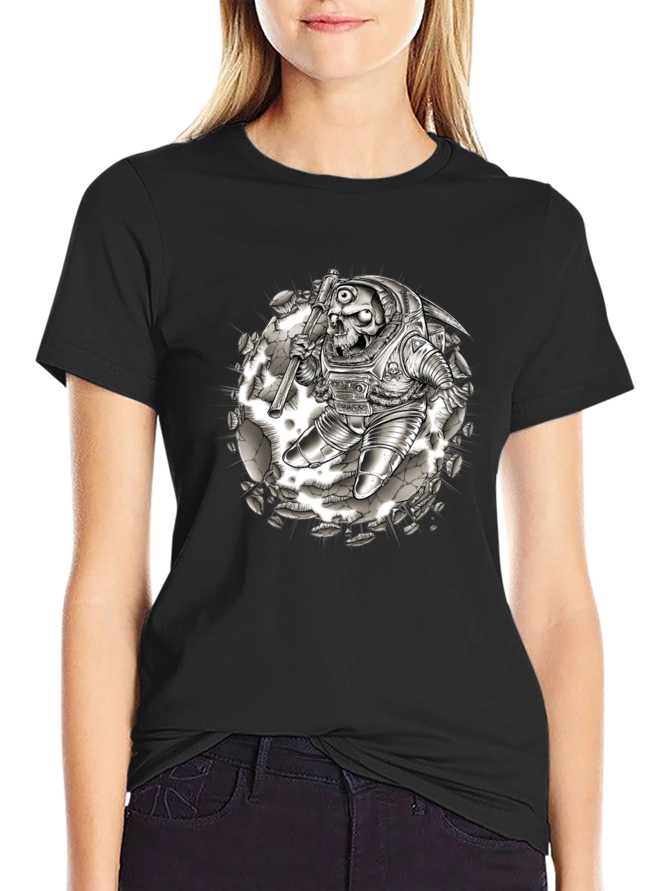 Skull Astronaut Graphic Tee - Black Cotton Shirt