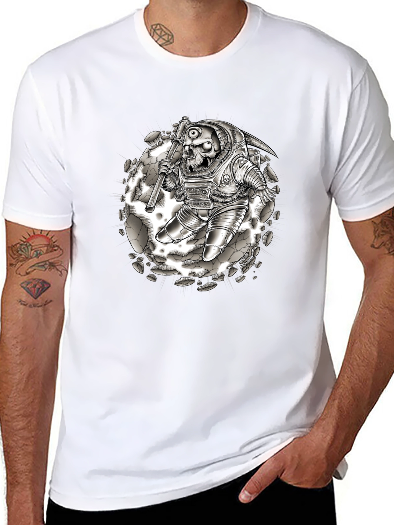 Skull Astronaut Graphic Tee - Black Cotton Shirt