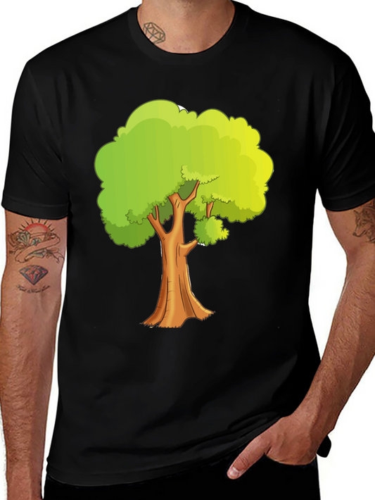 Cartoon Tree Graphic Tee - Black Cotton Casual Shirt