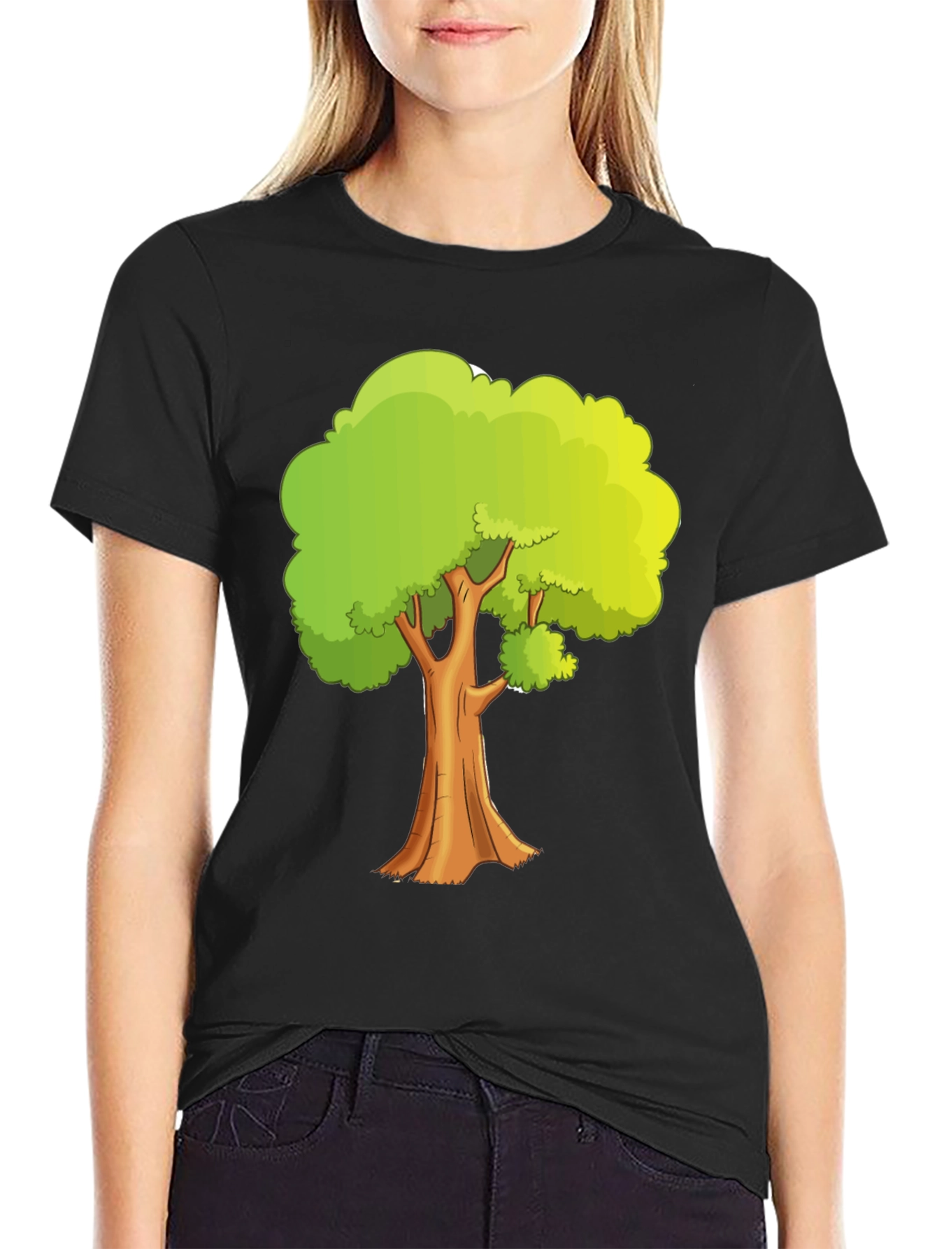 Cartoon Tree Graphic Tee - Black Cotton Casual Shirt
