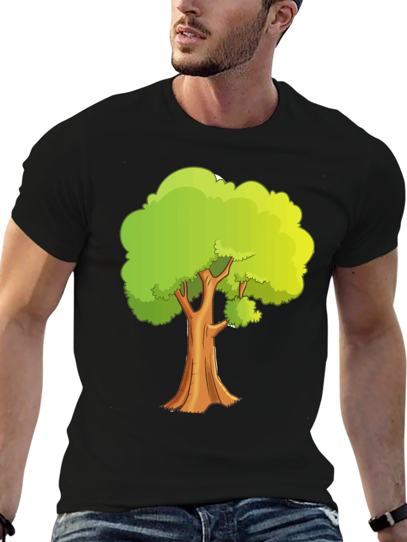 Cartoon Tree Graphic Tee - Black Cotton Casual Shirt