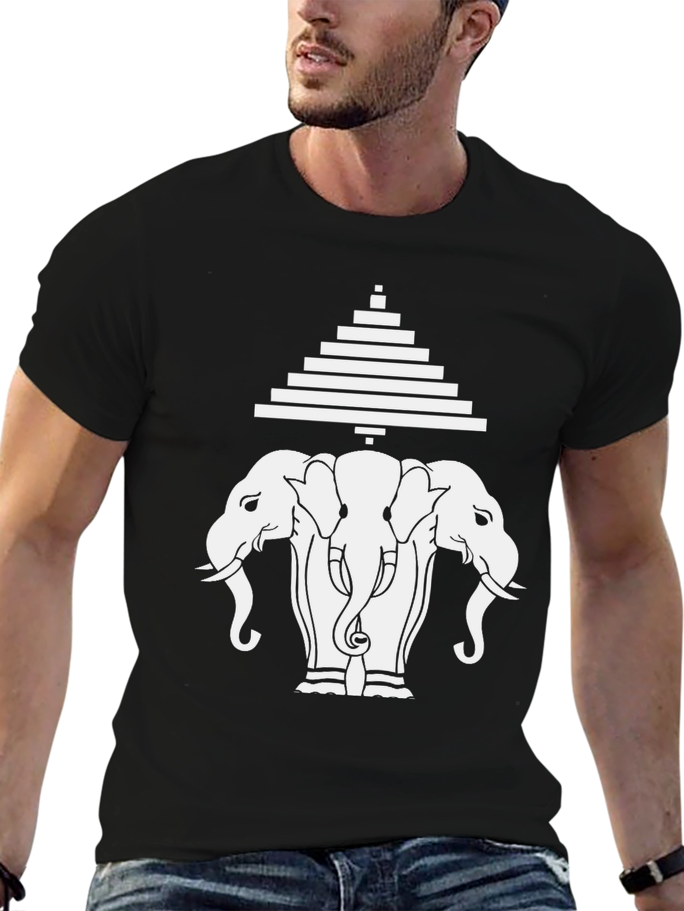 Three Elephant Head Graphic Black T-Shirt