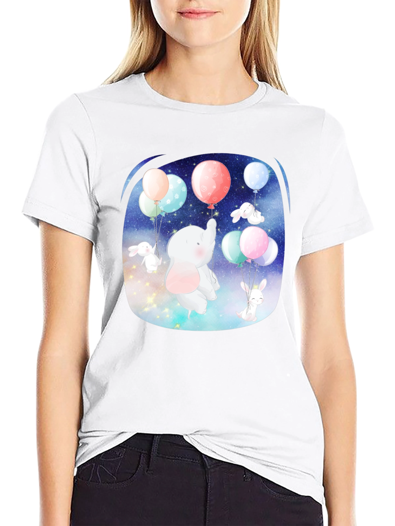 Cute Elephant & Bunny Balloon Ride Graphic Tee