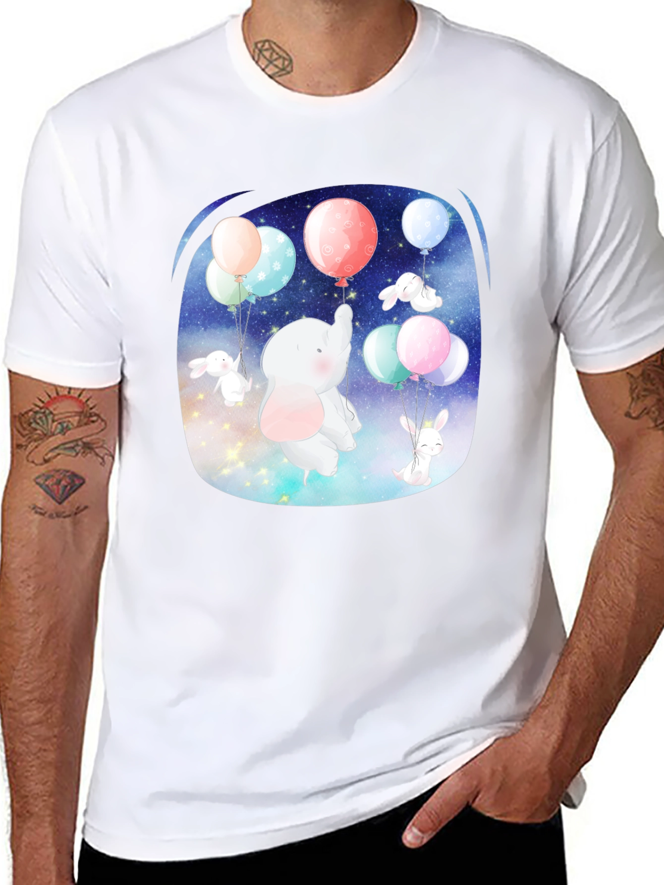 Cute Elephant & Bunny Balloon Ride Graphic Tee