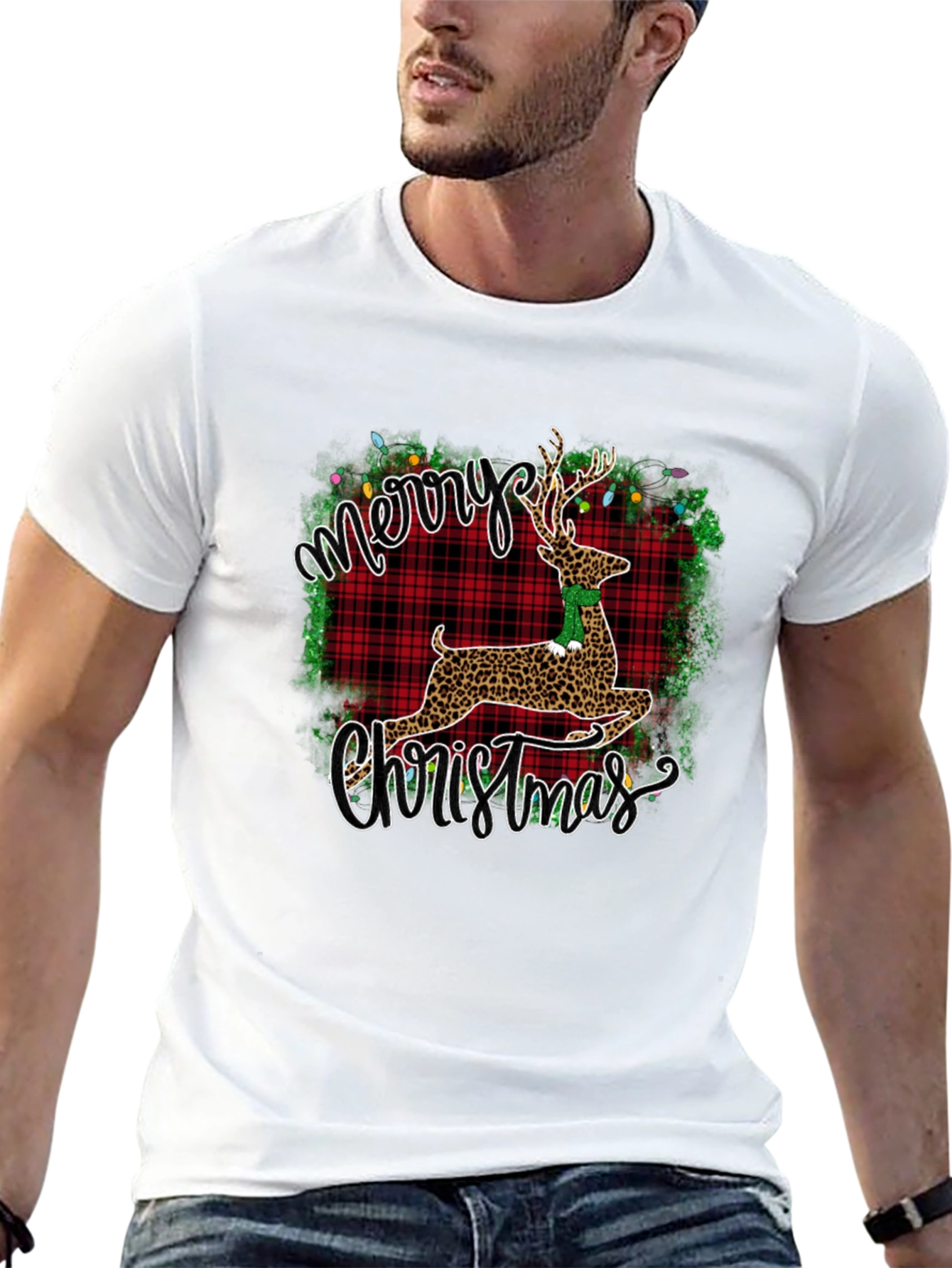 Merry Christmas Leopard Reindeer Graphic T-Shirt