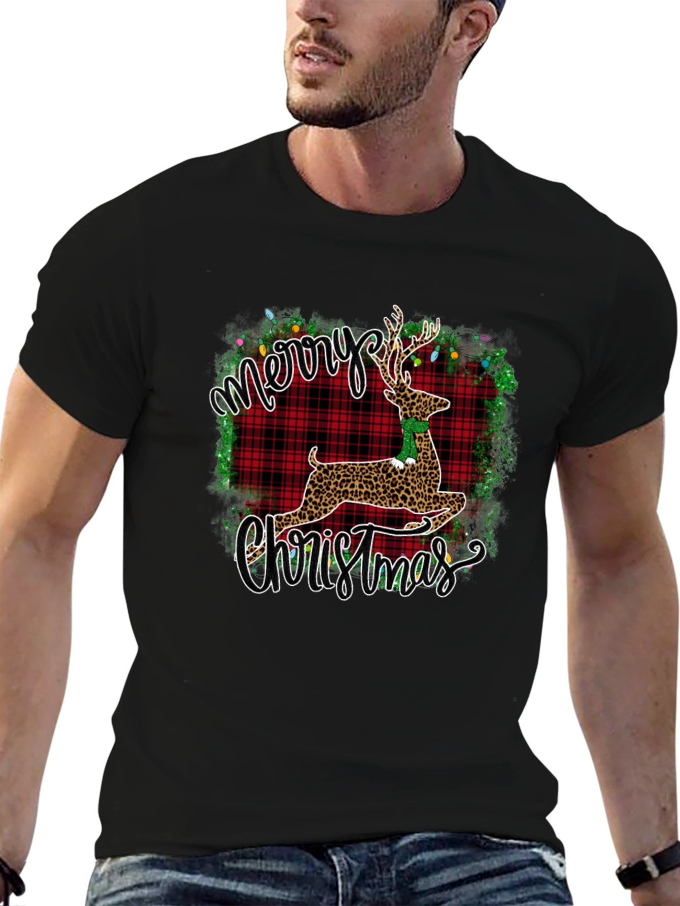 Merry Christmas Leopard Reindeer Graphic T-Shirt