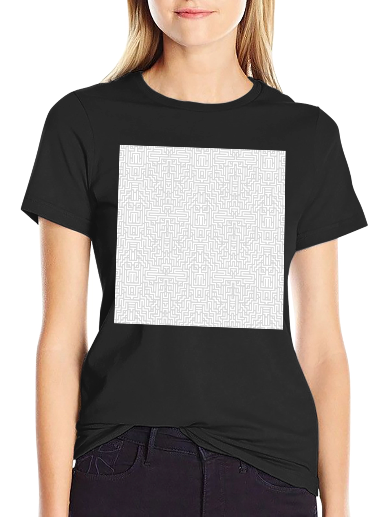 Maze Patterned T-Shirt - Black Cotton Tee