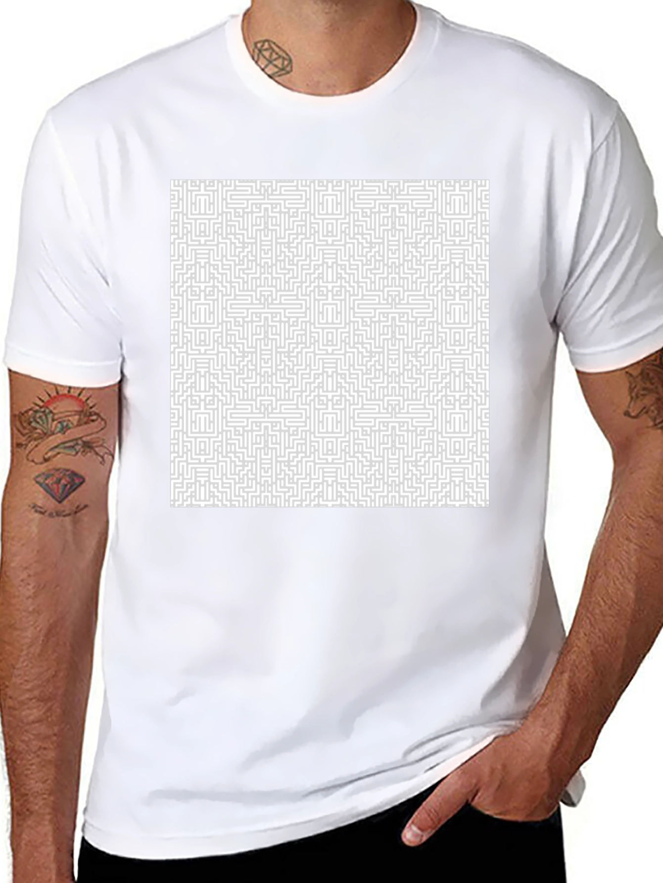 Maze Patterned T-Shirt - Black Cotton Tee