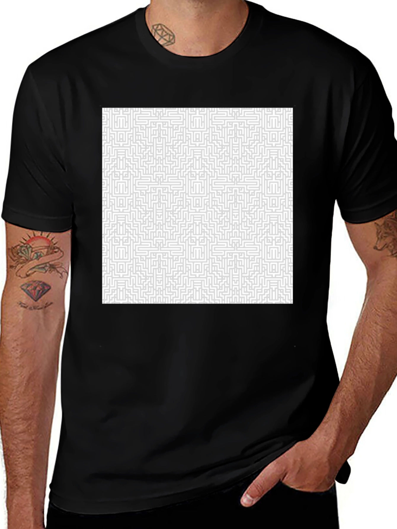 Maze Patterned T-Shirt - Black Cotton Tee