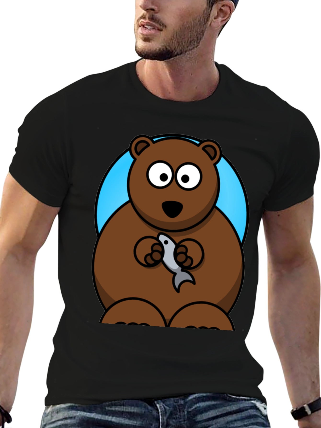 Bear with Fish Graphic Tee - Mens Black T-Shirt
