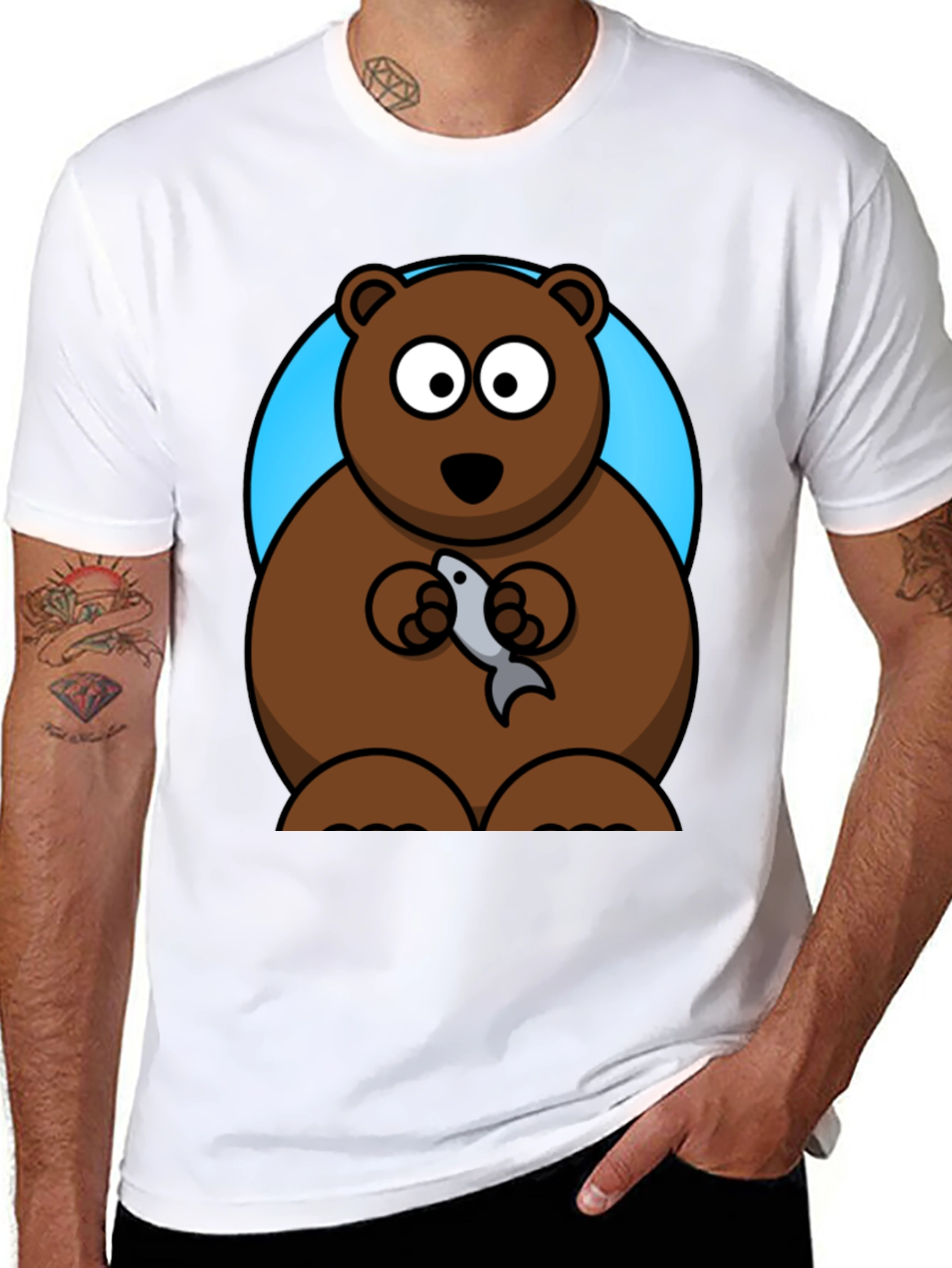Bear with Fish Graphic Tee - Mens Black T-Shirt