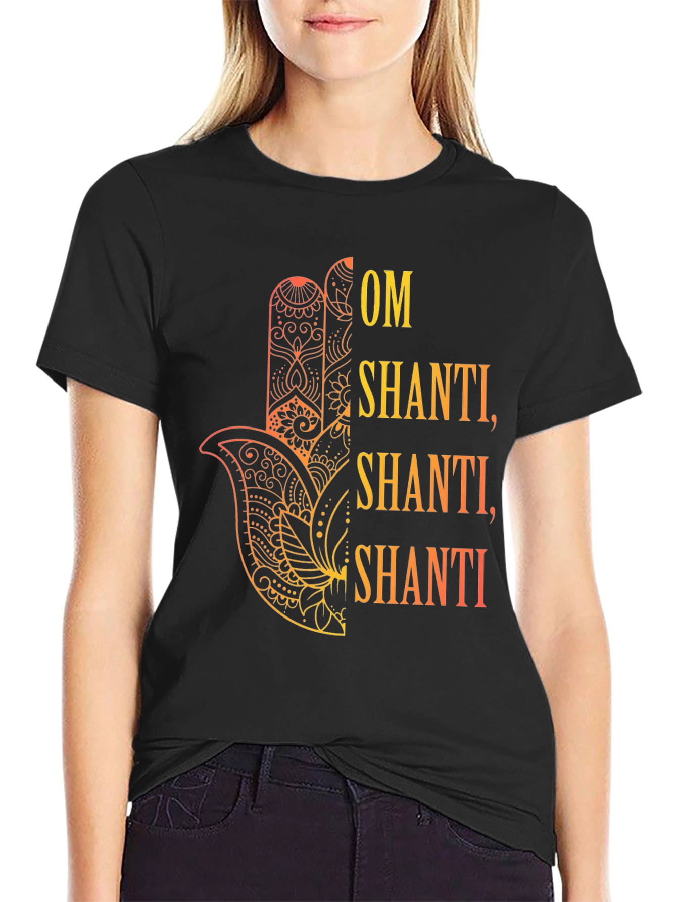 Om Shanti Graphic Tee - Spiritual Hamsa Hand Design