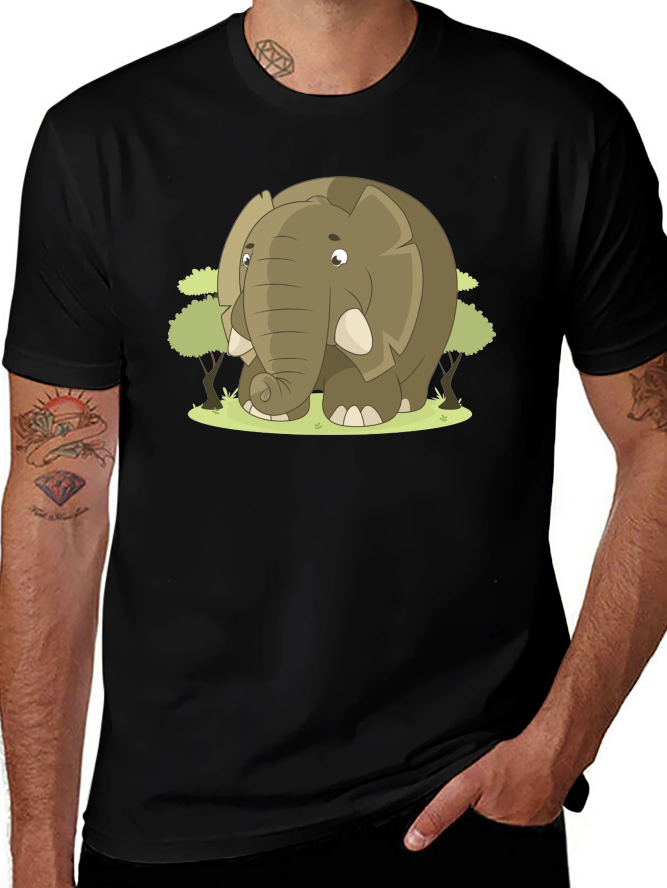 Cartoon Elephant Graphic T-Shirt - Black