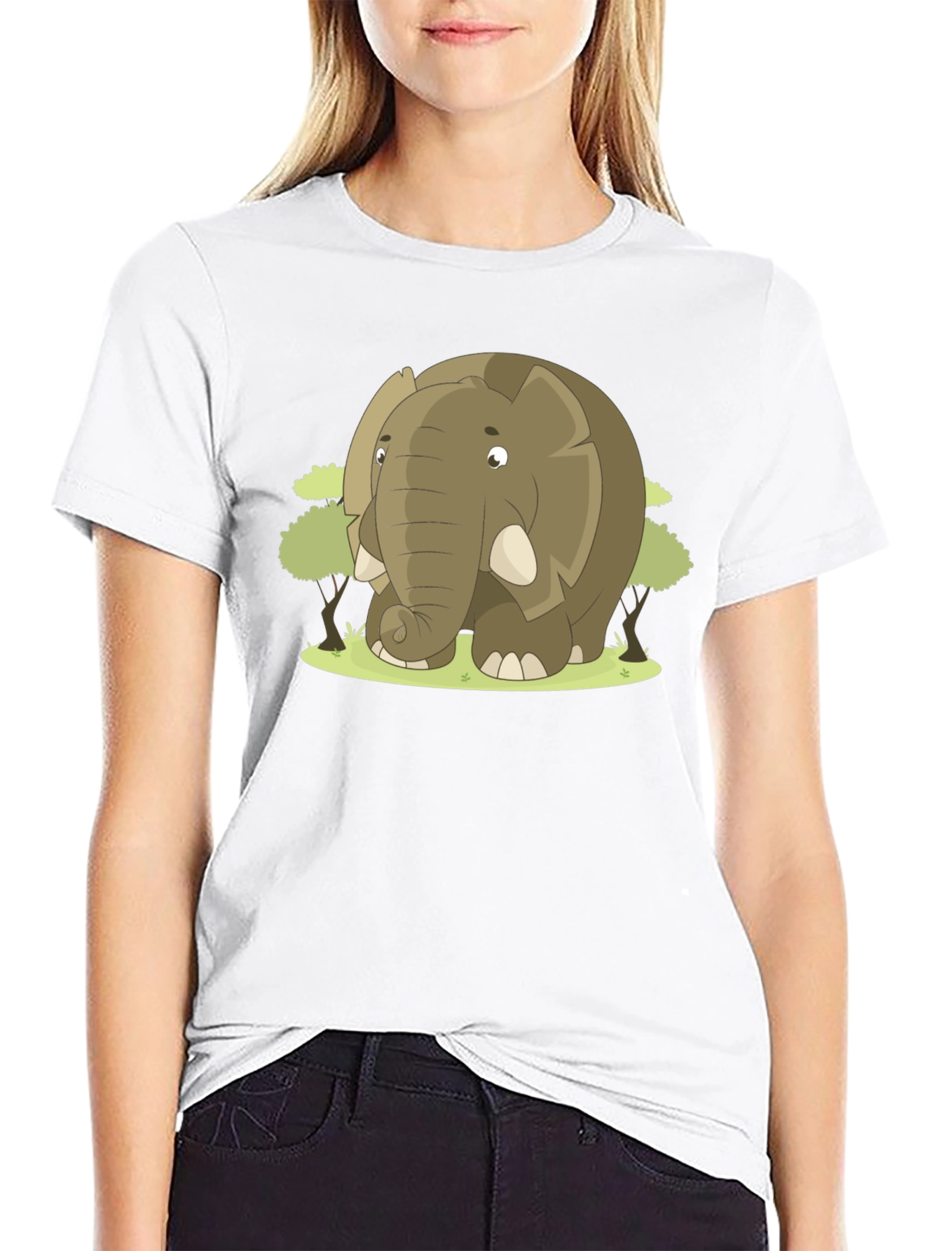 Cartoon Elephant Graphic T-Shirt - Black