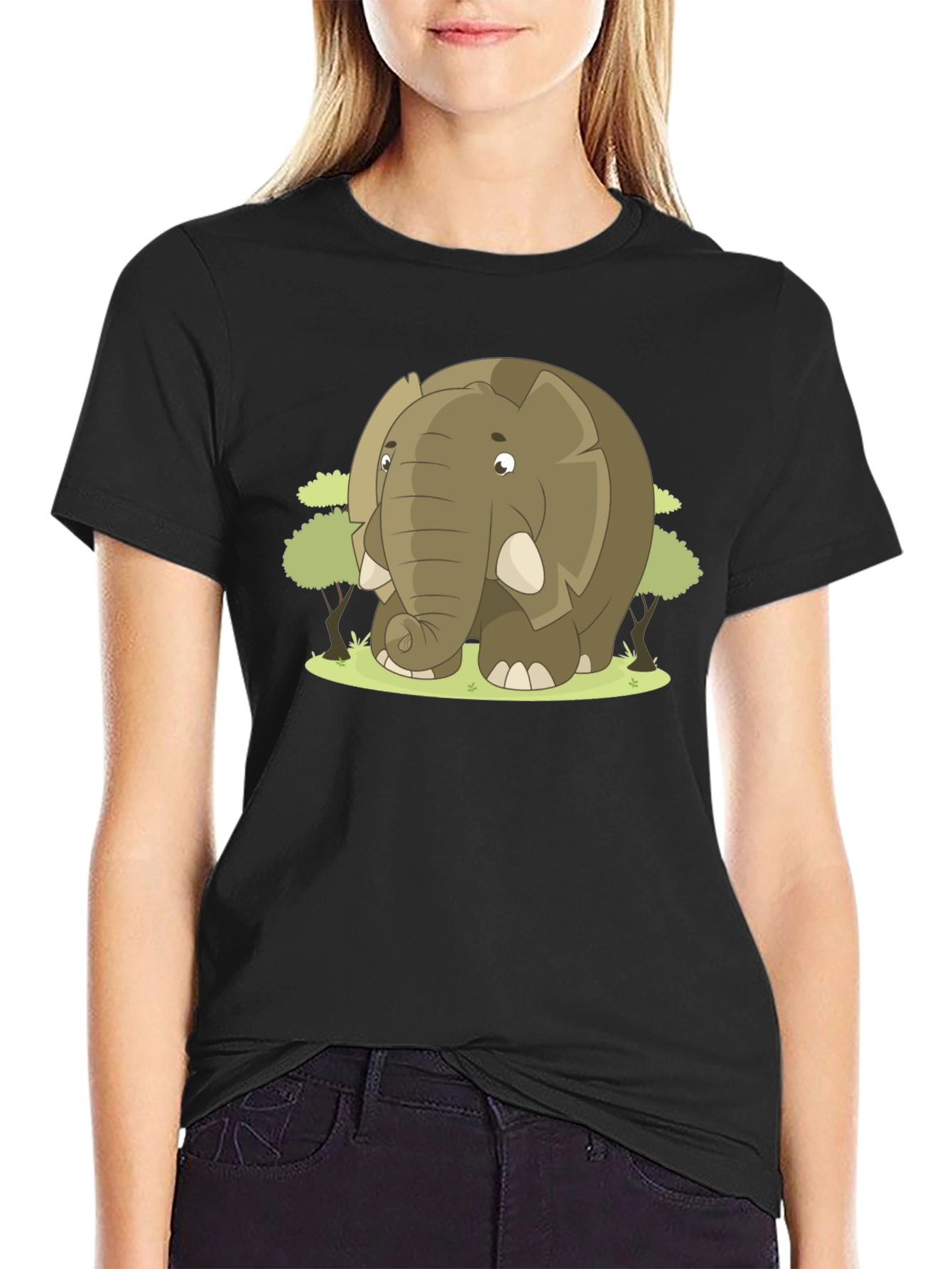 Cartoon Elephant Graphic T-Shirt - Black