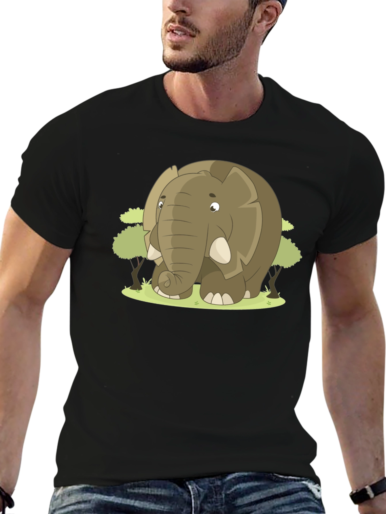 Cartoon Elephant Graphic T-Shirt - Black