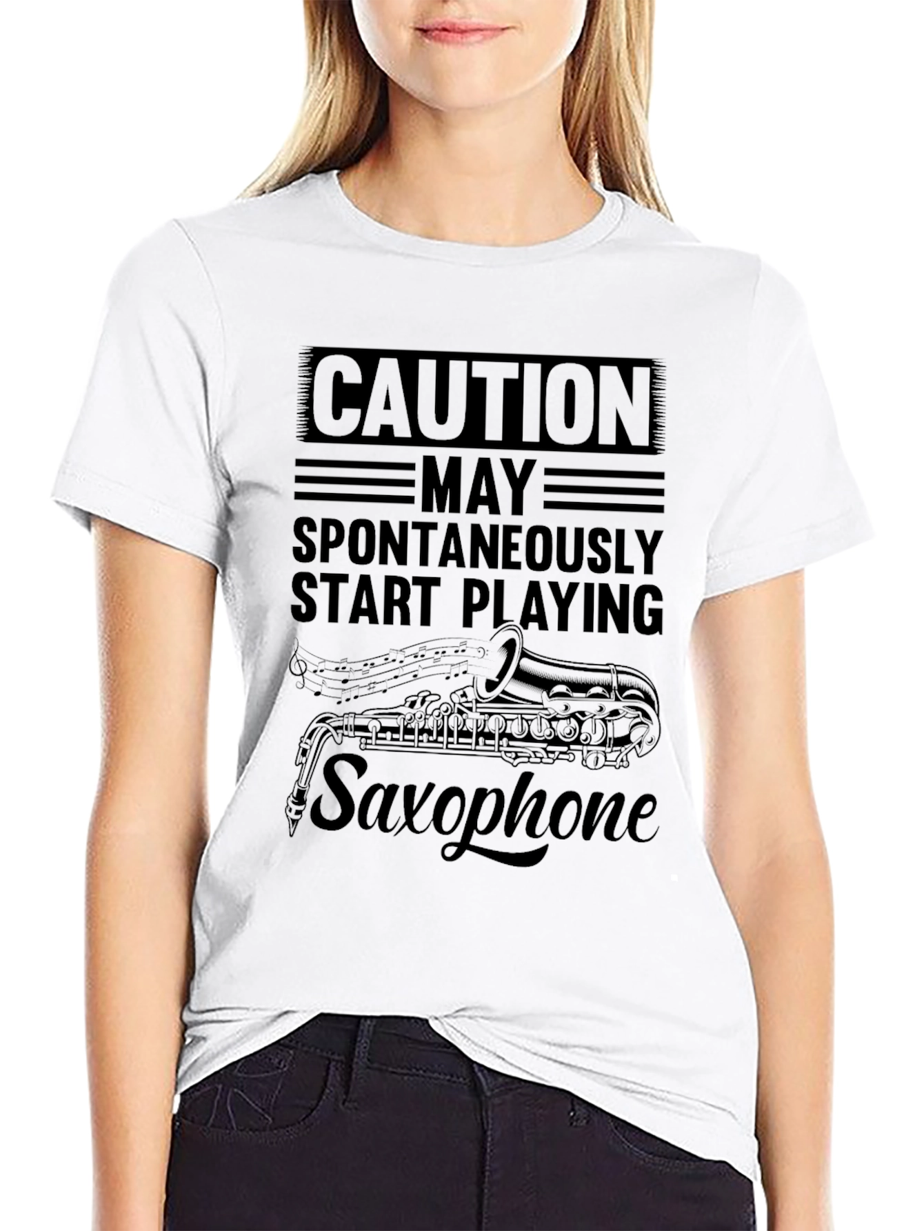 Caution Spontaneously Start Playing Saxophone Black T-Shirt