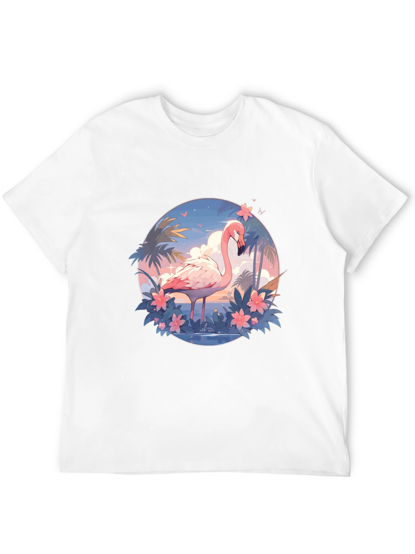Tropical Flamingo Graphic Tee - Black Cotton T-Shirt