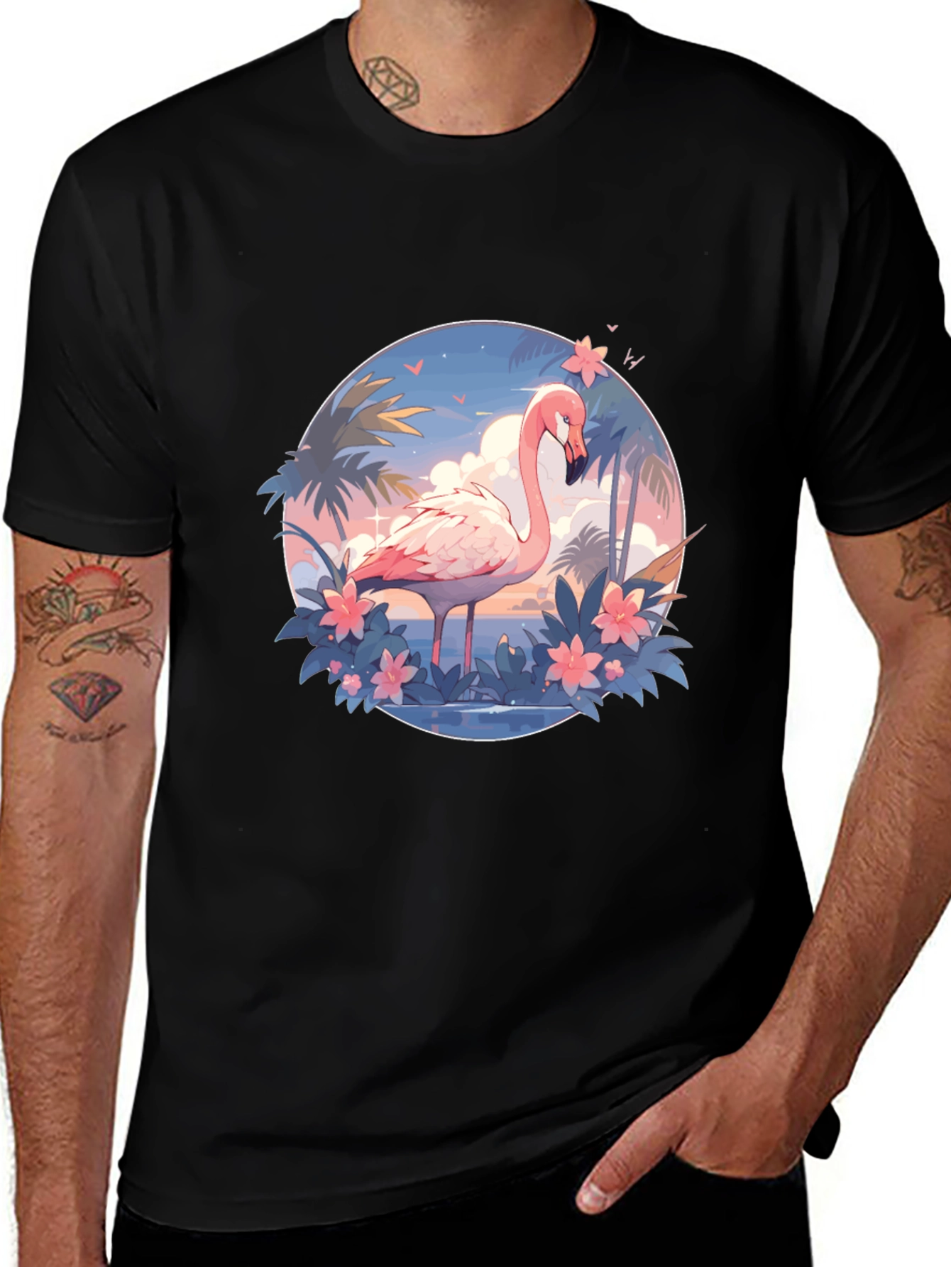 Tropical Flamingo Graphic Tee - Black Cotton T-Shirt