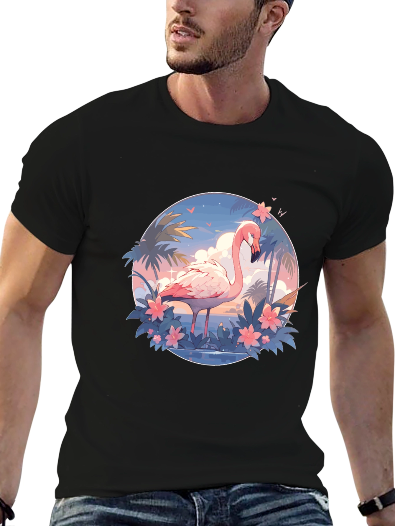 Tropical Flamingo Graphic Tee - Black Cotton T-Shirt