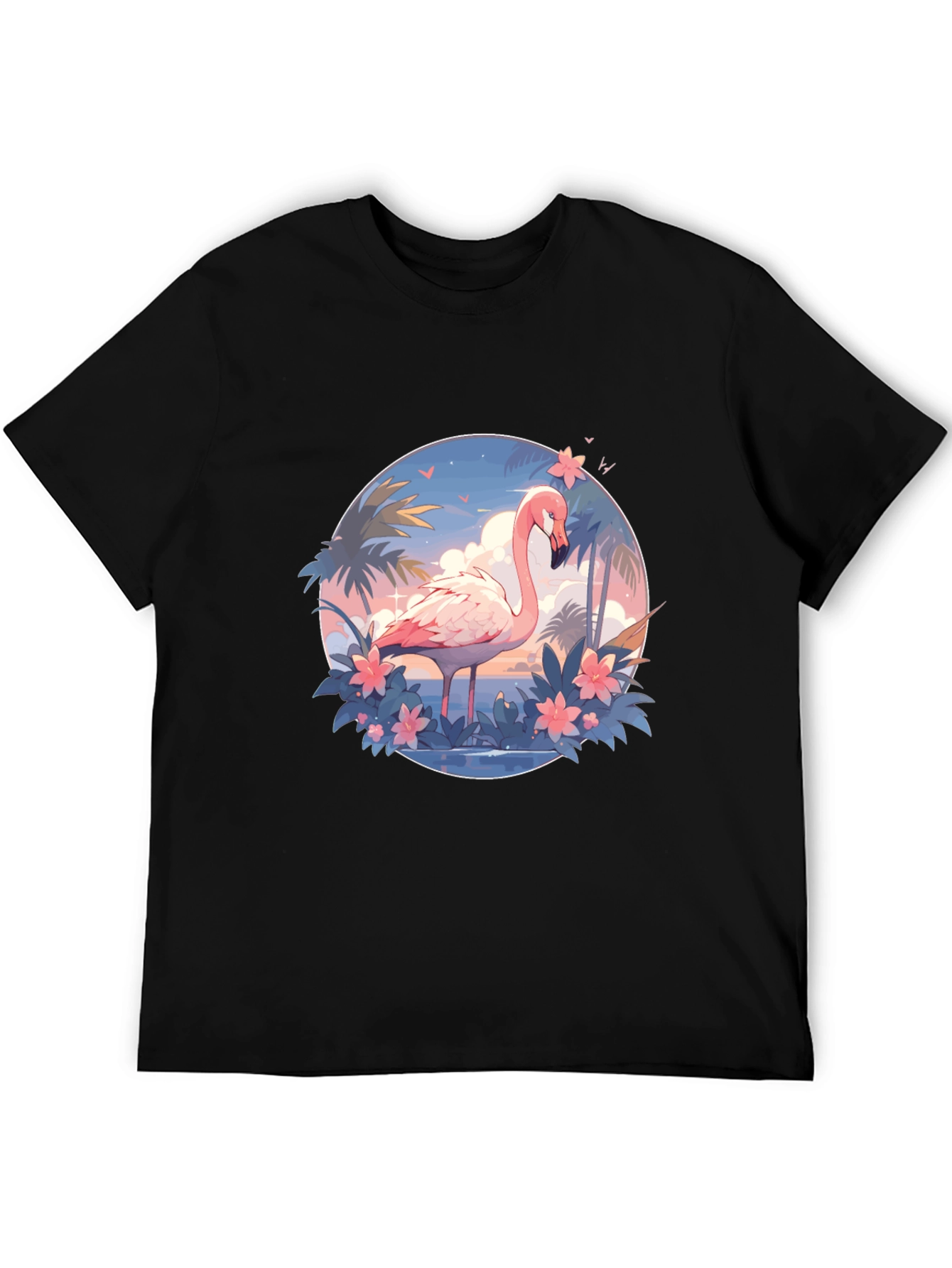 Tropical Flamingo Graphic Tee - Black Cotton T-Shirt