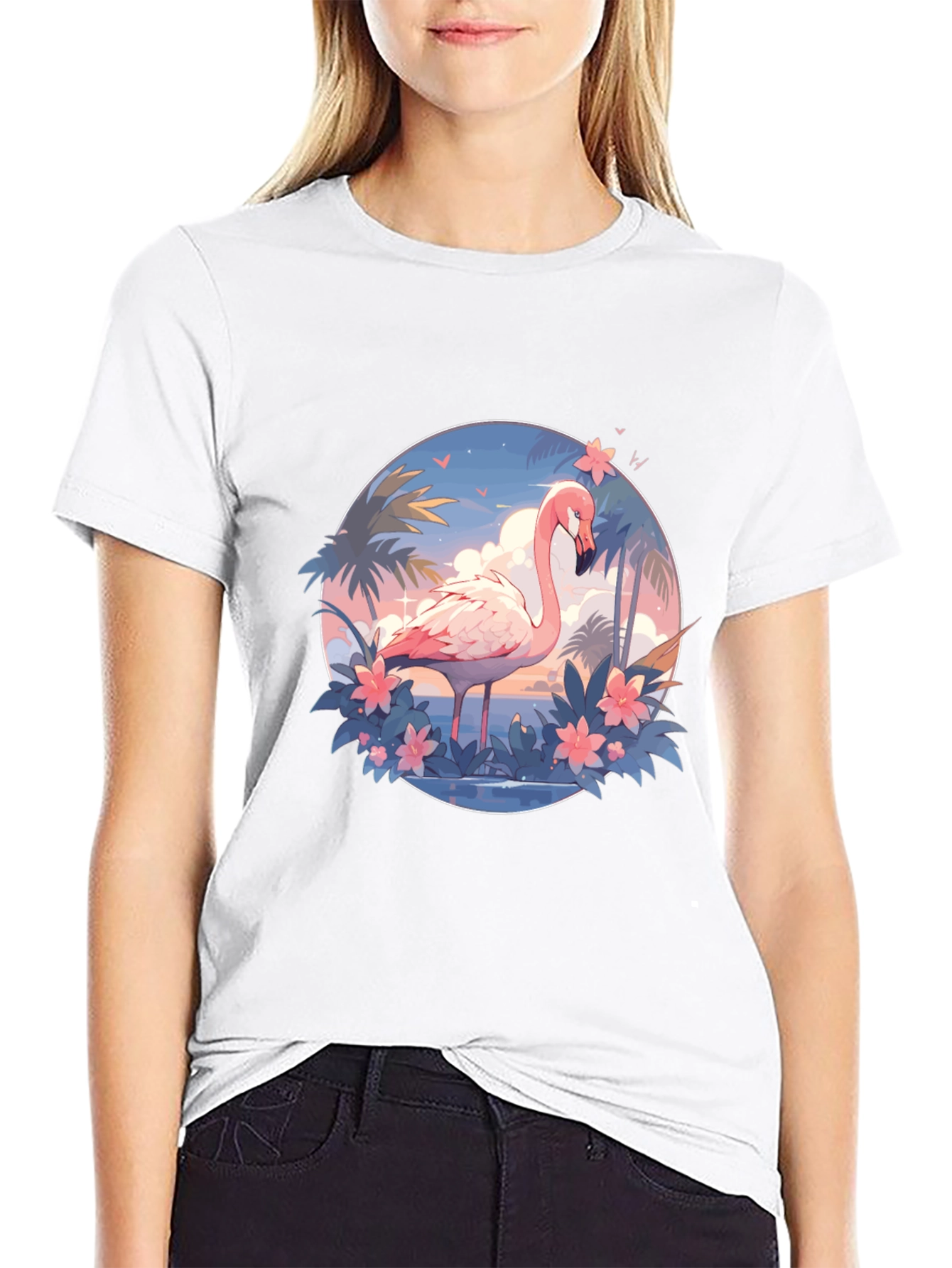 Tropical Flamingo Graphic Tee - Black Cotton T-Shirt