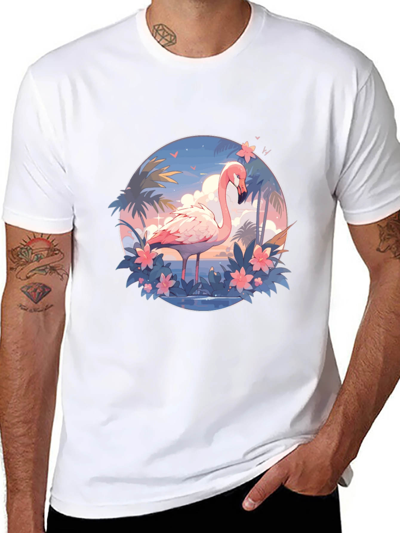 Tropical Flamingo Graphic Tee - Black Cotton T-Shirt