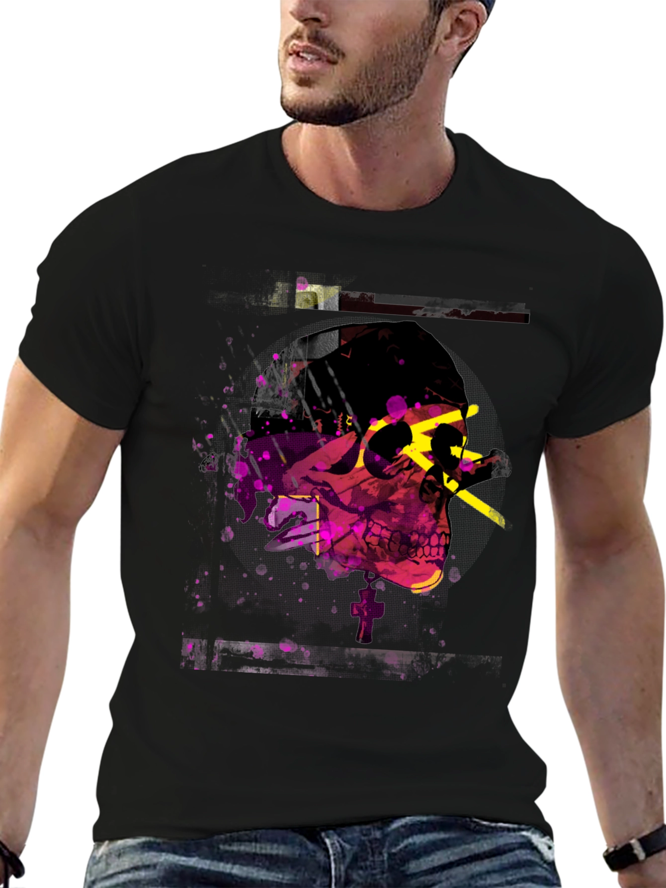 Edgy Skull Graphic Print Mens Black T-Shirt