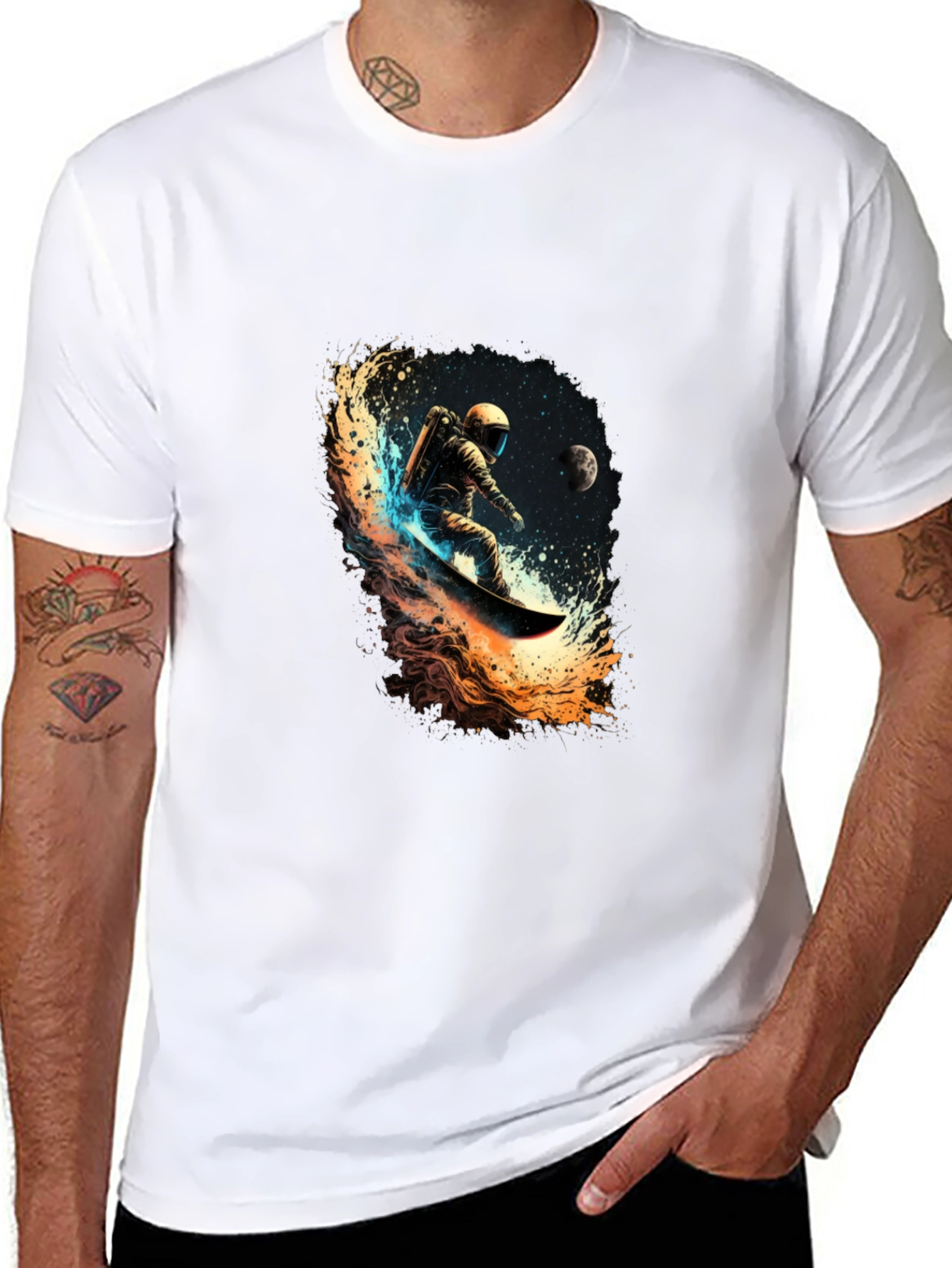 Astronaut Space Surfing Black T-Shirt