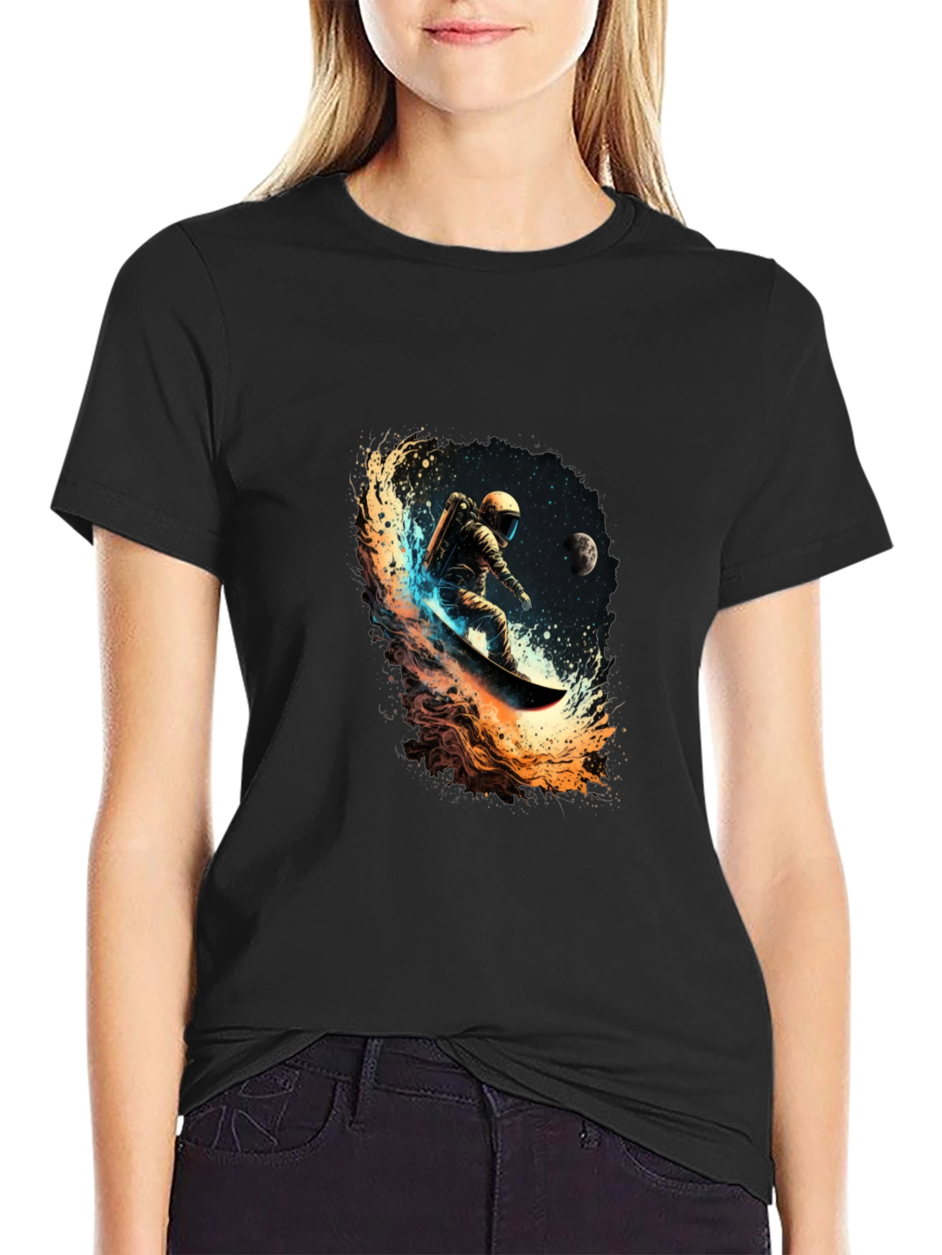 Astronaut Space Surfing Black T-Shirt