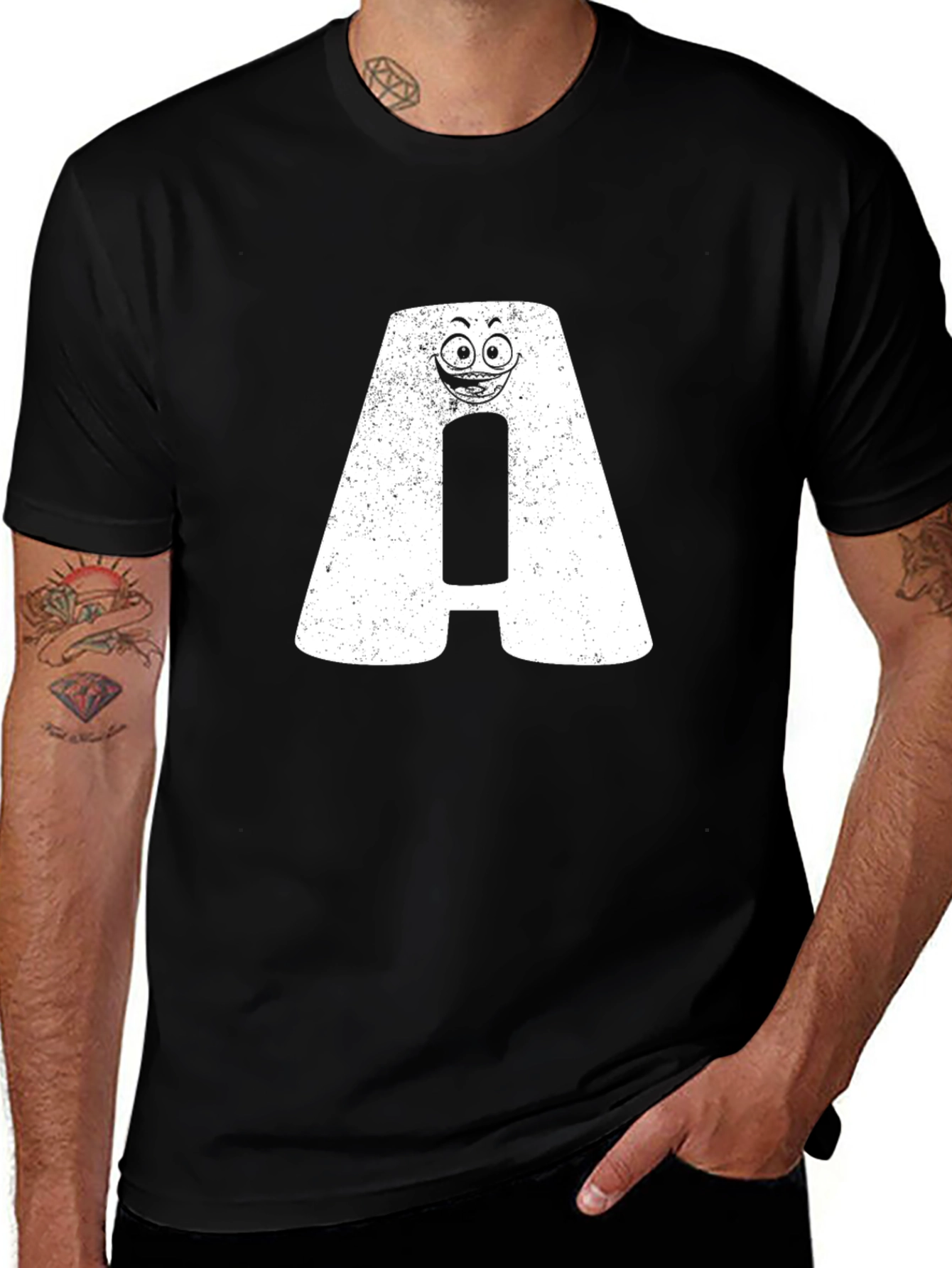 Funny Letter A Face Graphic Black T-Shirt