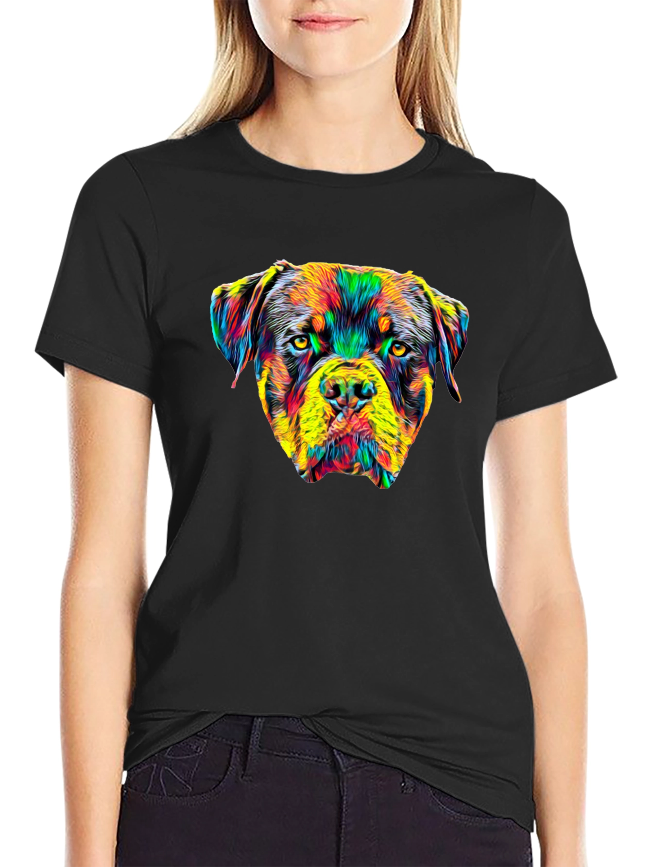 Rottweiler Dog Head Graphic Print Black T-Shirt