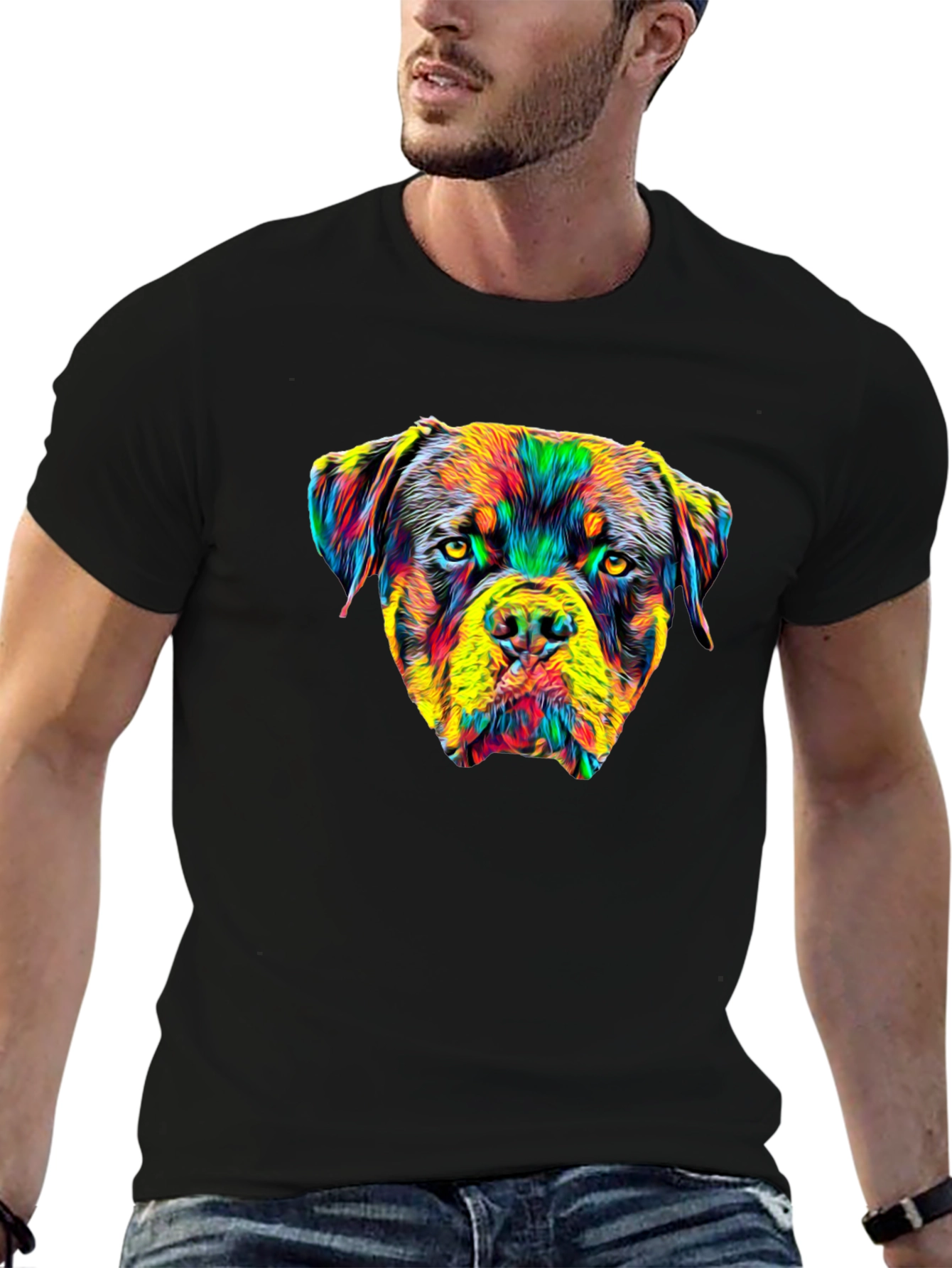 Rottweiler Dog Head Graphic Print Black T-Shirt