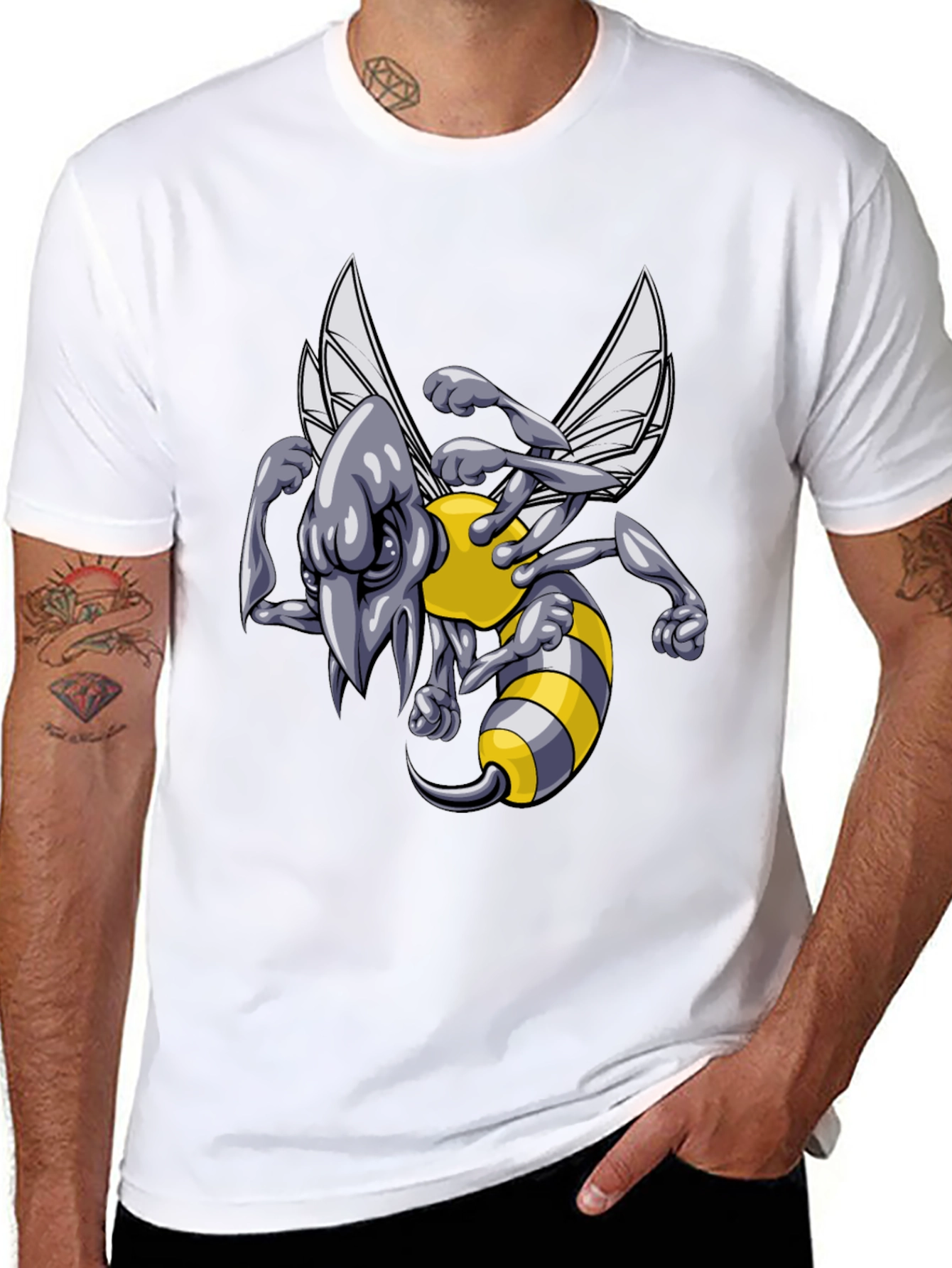 Mens Black T-Shirt with Angry Bee Cartoon Graphic