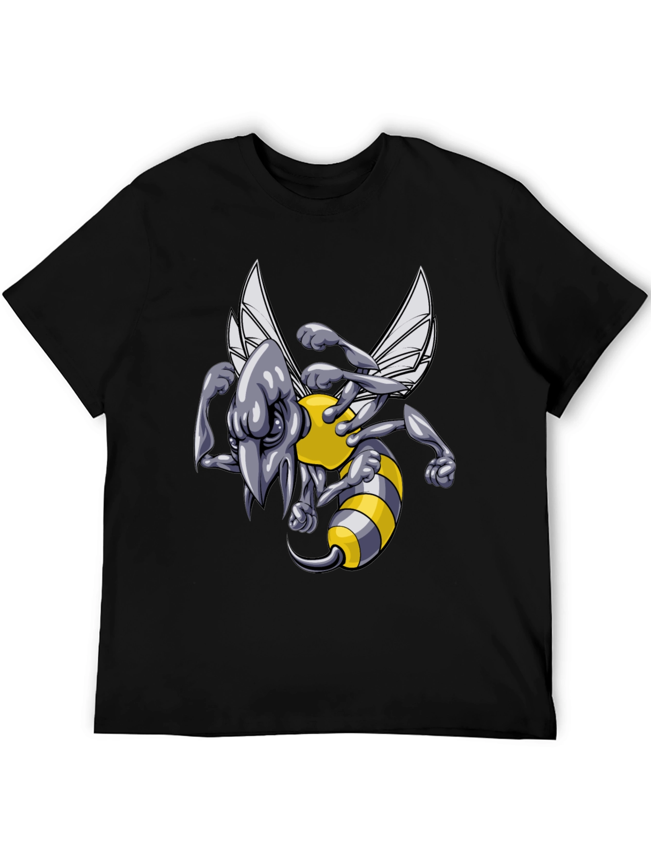 Mens Black T-Shirt with Angry Bee Cartoon Graphic