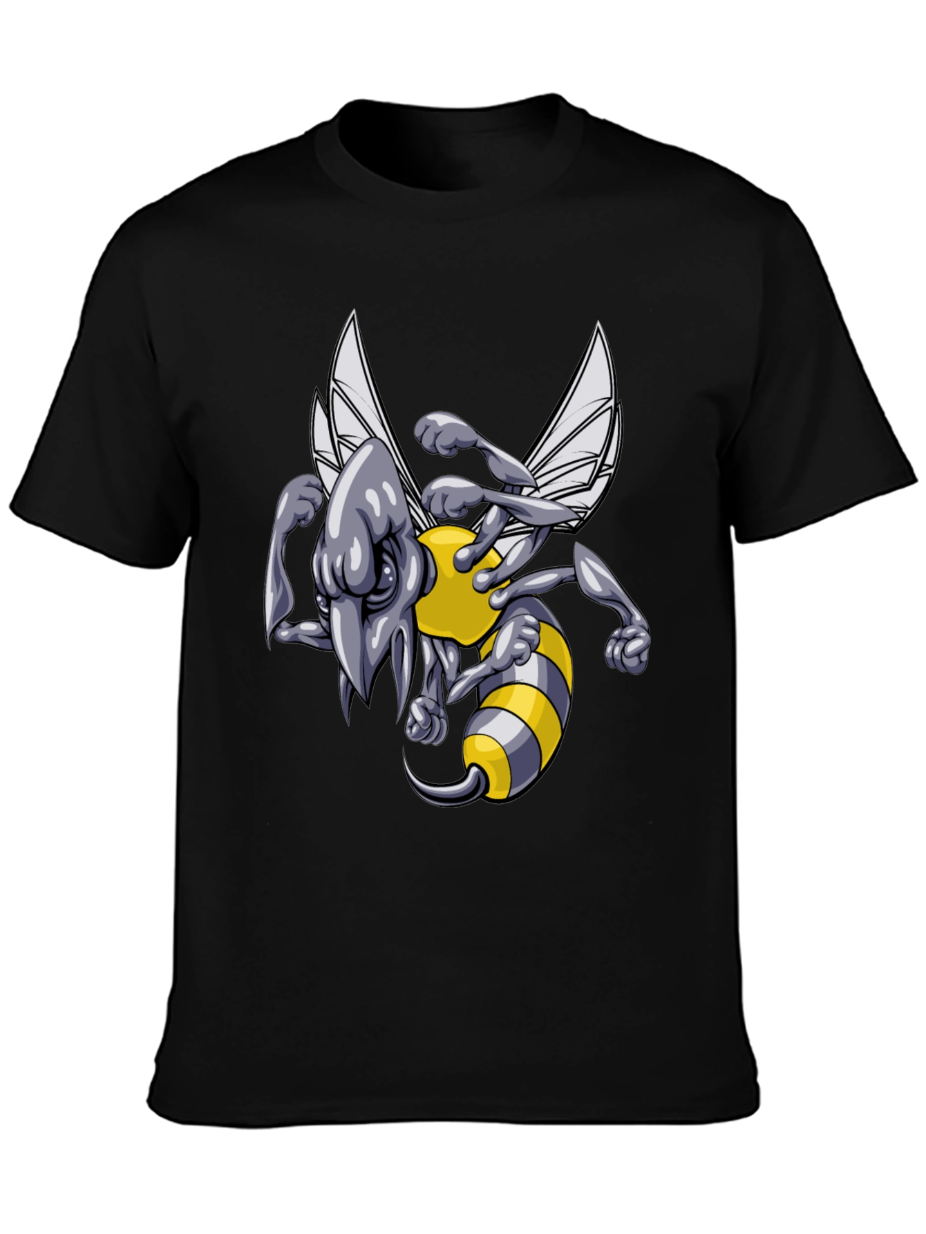 Mens Black T-Shirt with Angry Bee Cartoon Graphic